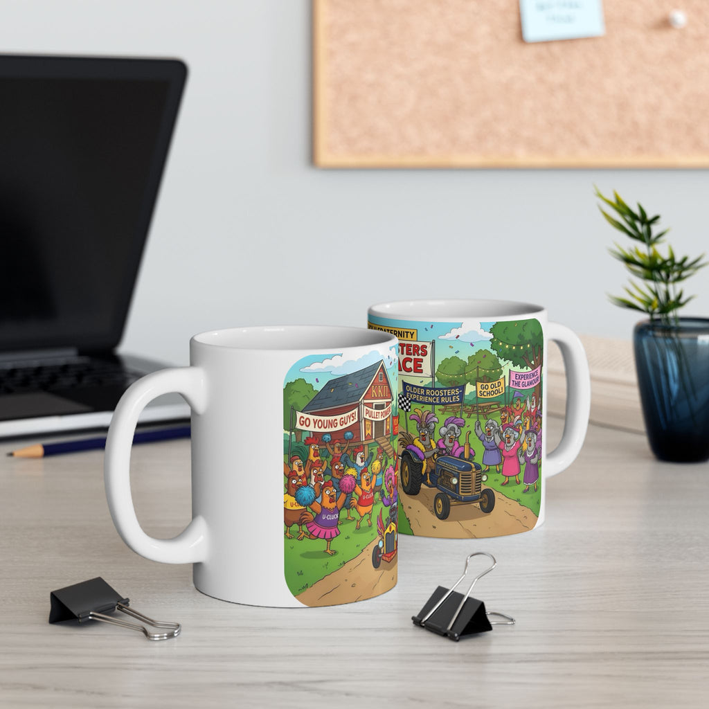 Hens & Roosters Drag Race White Ceramic Mug — Funny Farm Fraternity Racing Tea Cup (11oz/15oz)