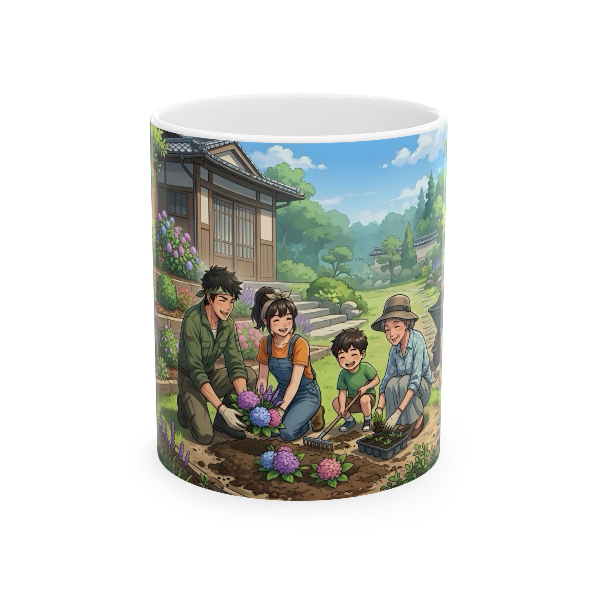 Garden Family Love White Ceramic Mug — Cozy Countryside Landscaping Tea Cup (11oz & 15oz)