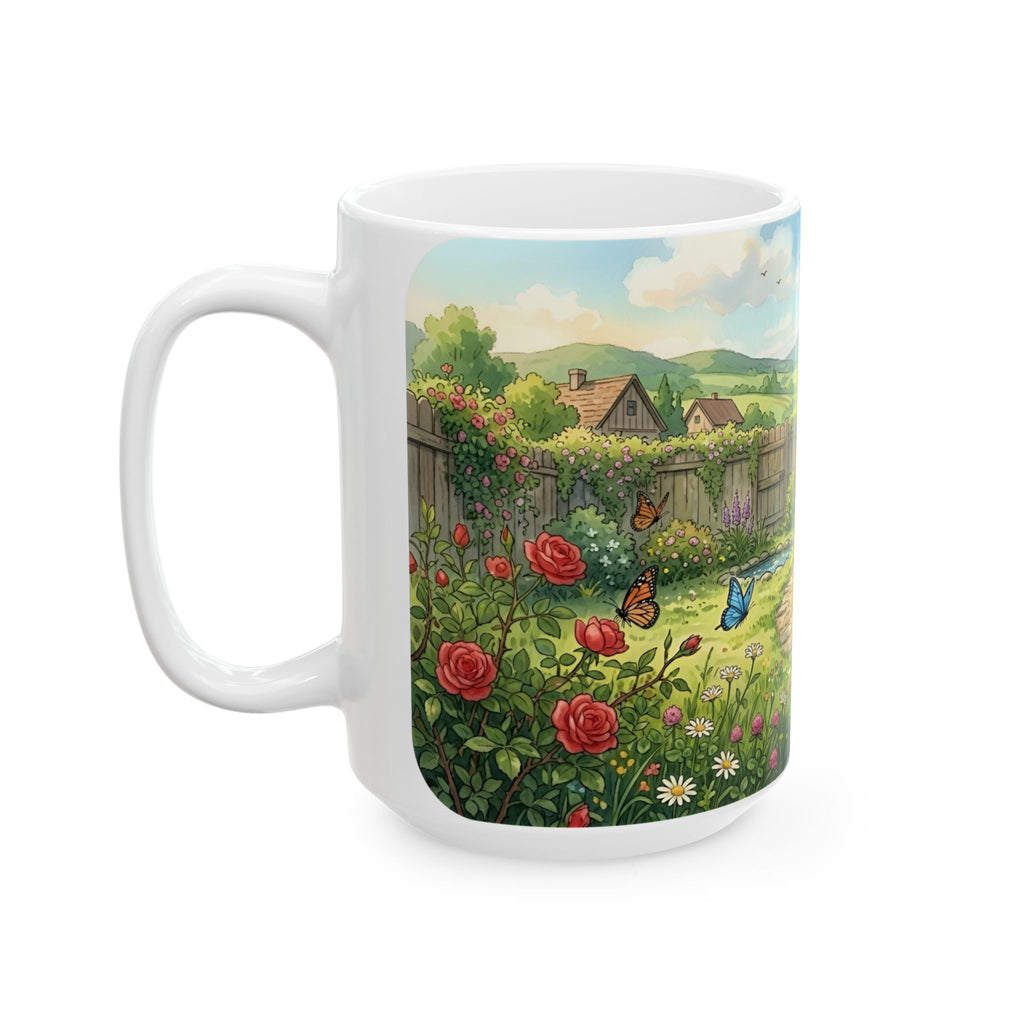 Cottage Garden White Ceramic Mug — Cozy Scenic Floral Tea Cup (11oz/15oz)