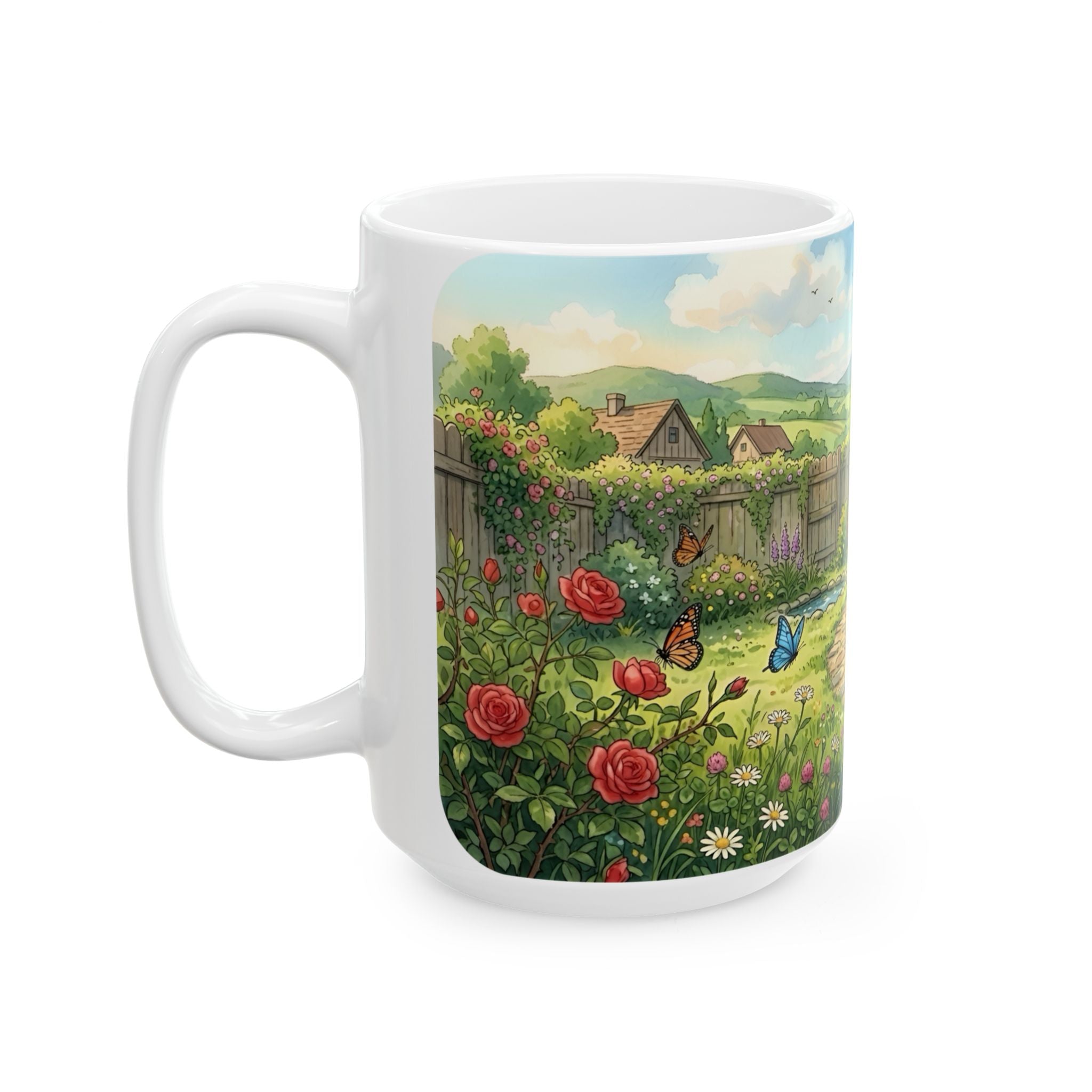 Cottage Garden White Ceramic Mug — Cozy Scenic Floral Tea Cup (11oz/15oz)