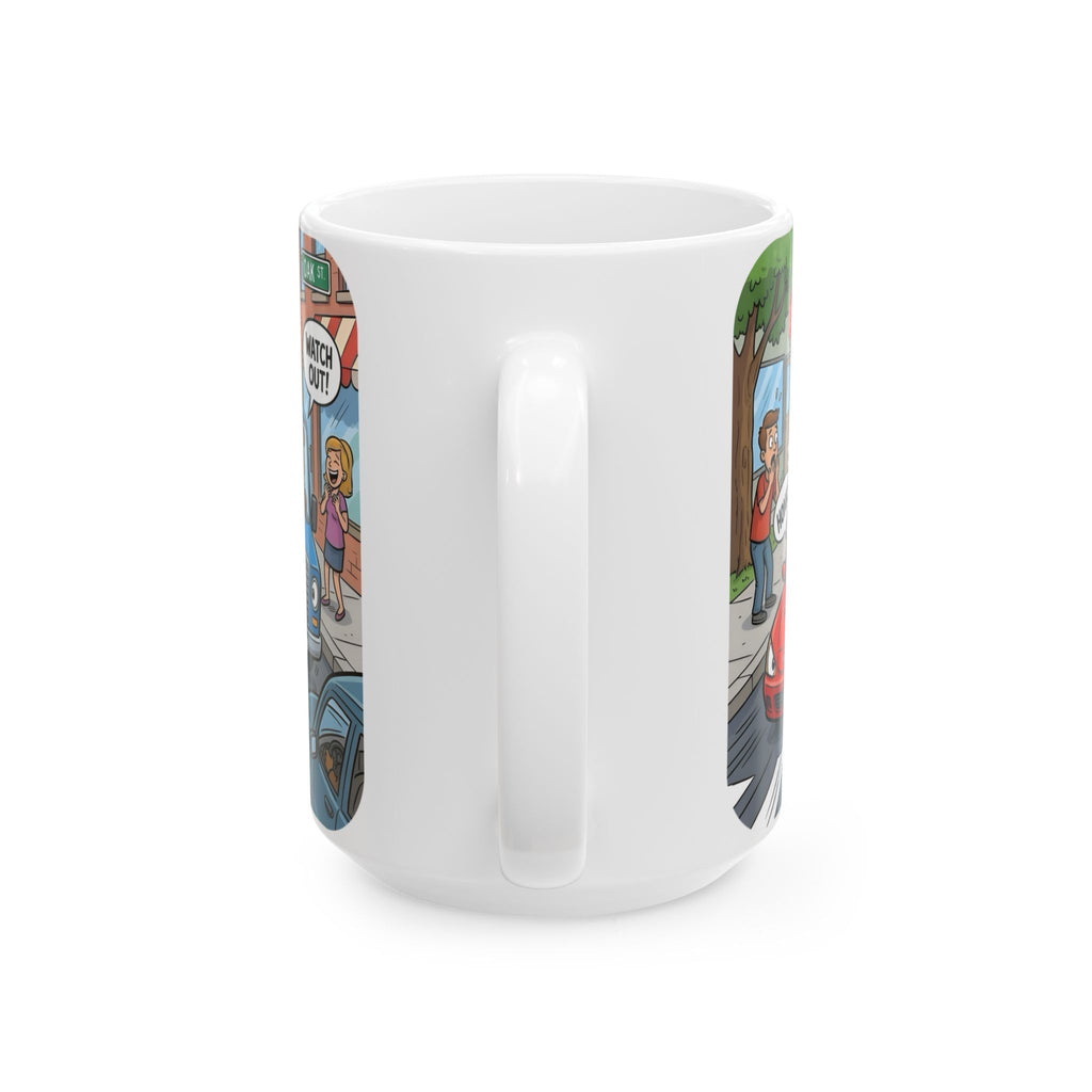Nutsy's Crossy Road White Ceramic Mug – Adventurous Squirrel Crossing Cup (11oz/15oz)
