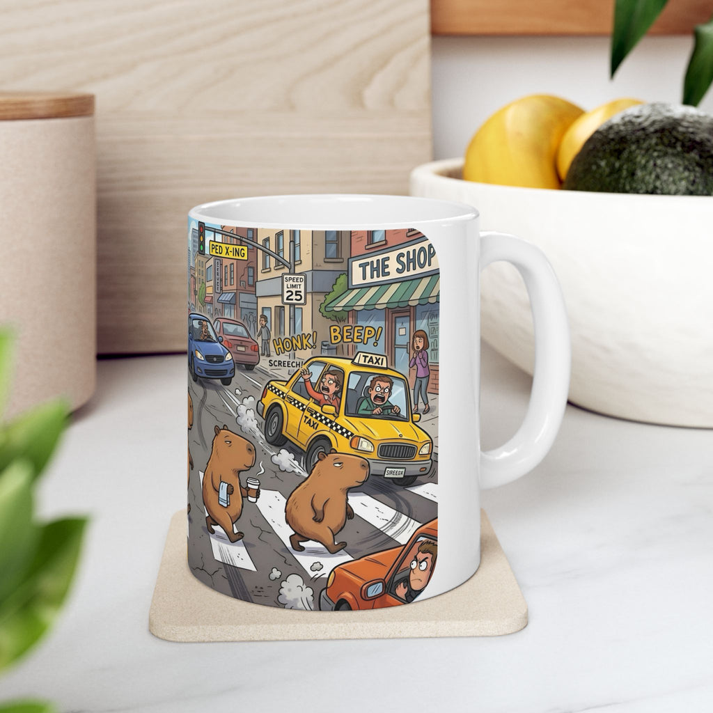 Capybara Abbey Road White Ceramic Mug – Funny Rodent Band Tea Cup (11oz & 15oz)