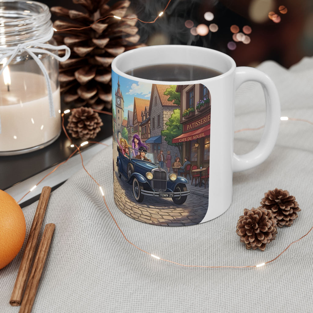 Vintage Village Roadtrip #2 White Ceramic Mug — Classic Cars & Happy Town Friends Cup (11oz, 15oz)