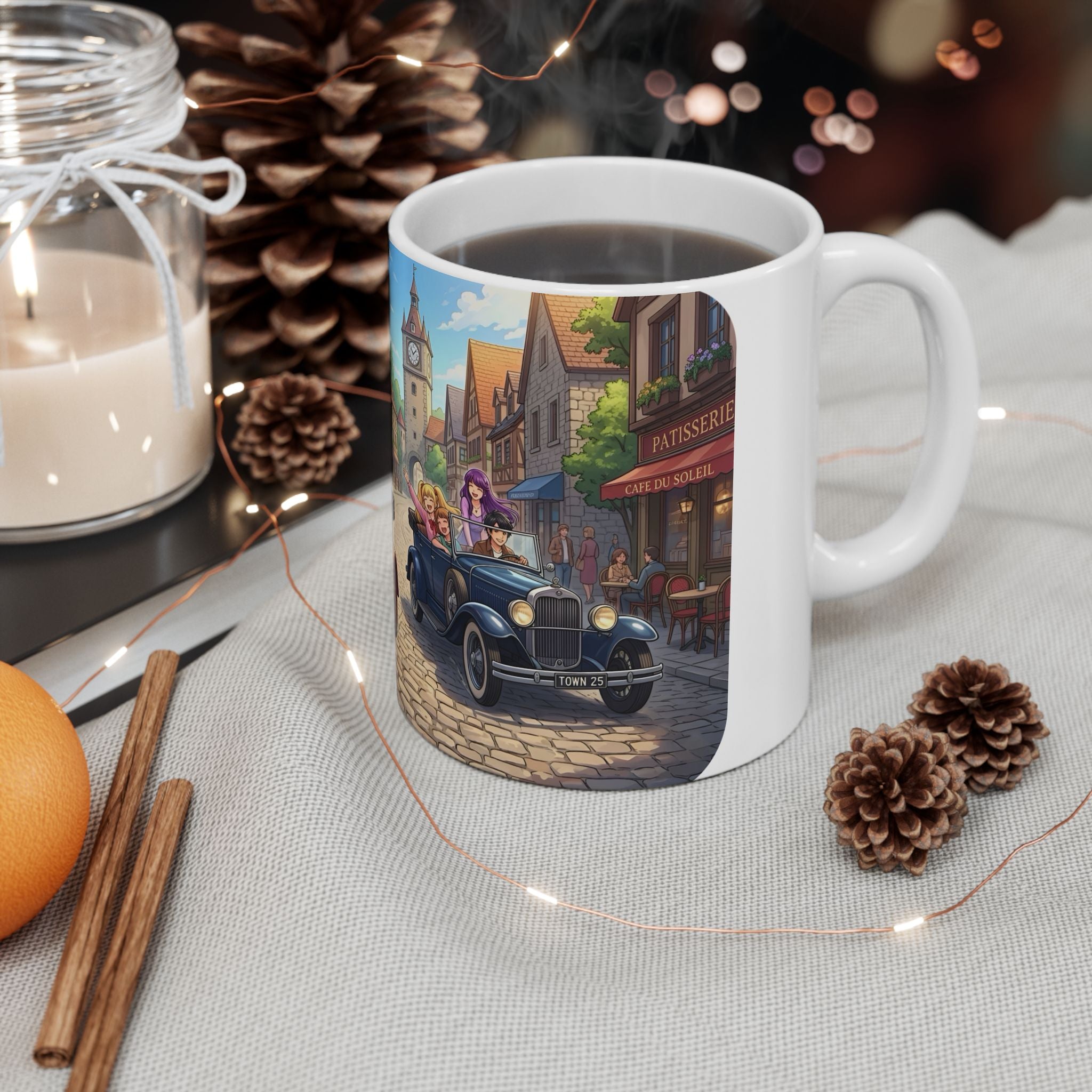 Vintage Village Roadtrip #2 White Ceramic Mug — Classic Cars & Happy Town Friends Cup (11oz, 15oz)