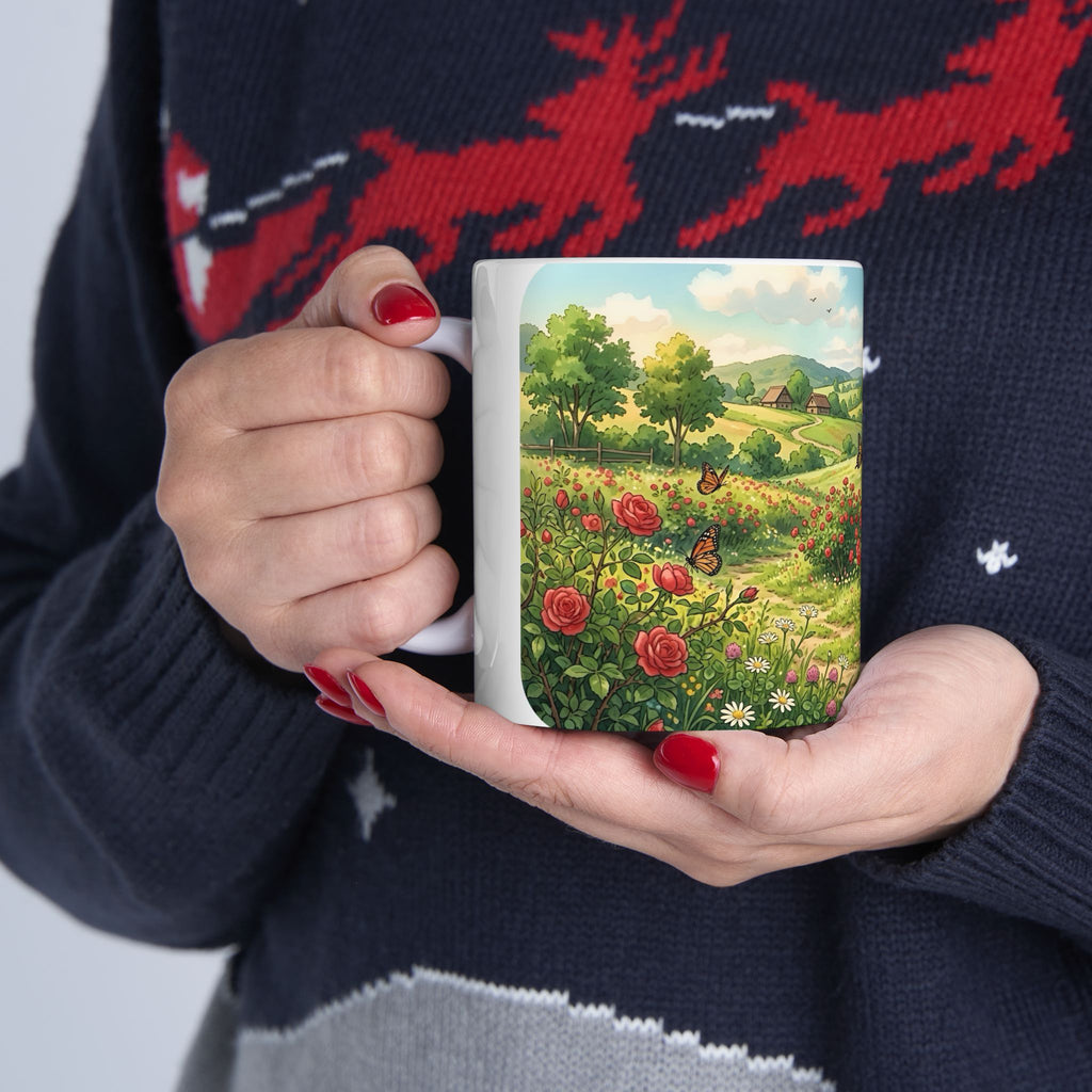 Scenic Countryside White Ceramic Mug — Floral Garden & Butterflies 11oz/15oz