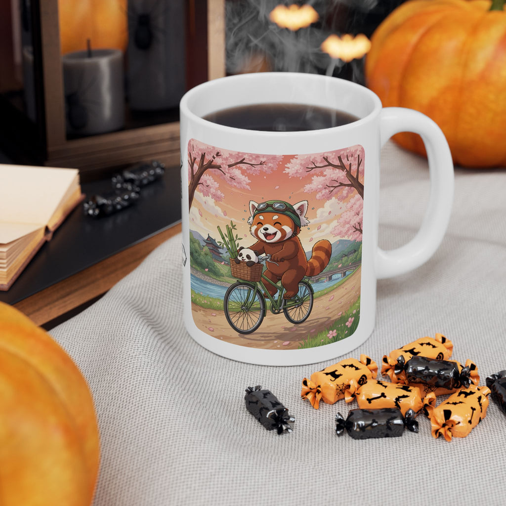 Cozy Red Panda & Baby Panda in Sakura Japan White Ceramic Mug — Happy Panda Family Bicycle Cup, 11oz & 15oz