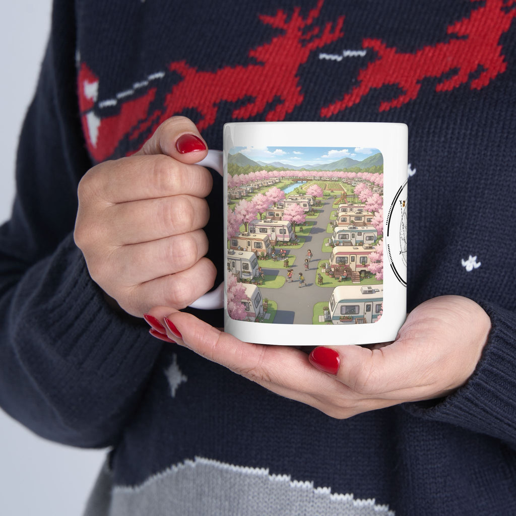 Kawaii English Garden Wildflower Meadow White Ceramic Mug — Cherry Blossom RV Camping Village Cup (11oz/15oz)