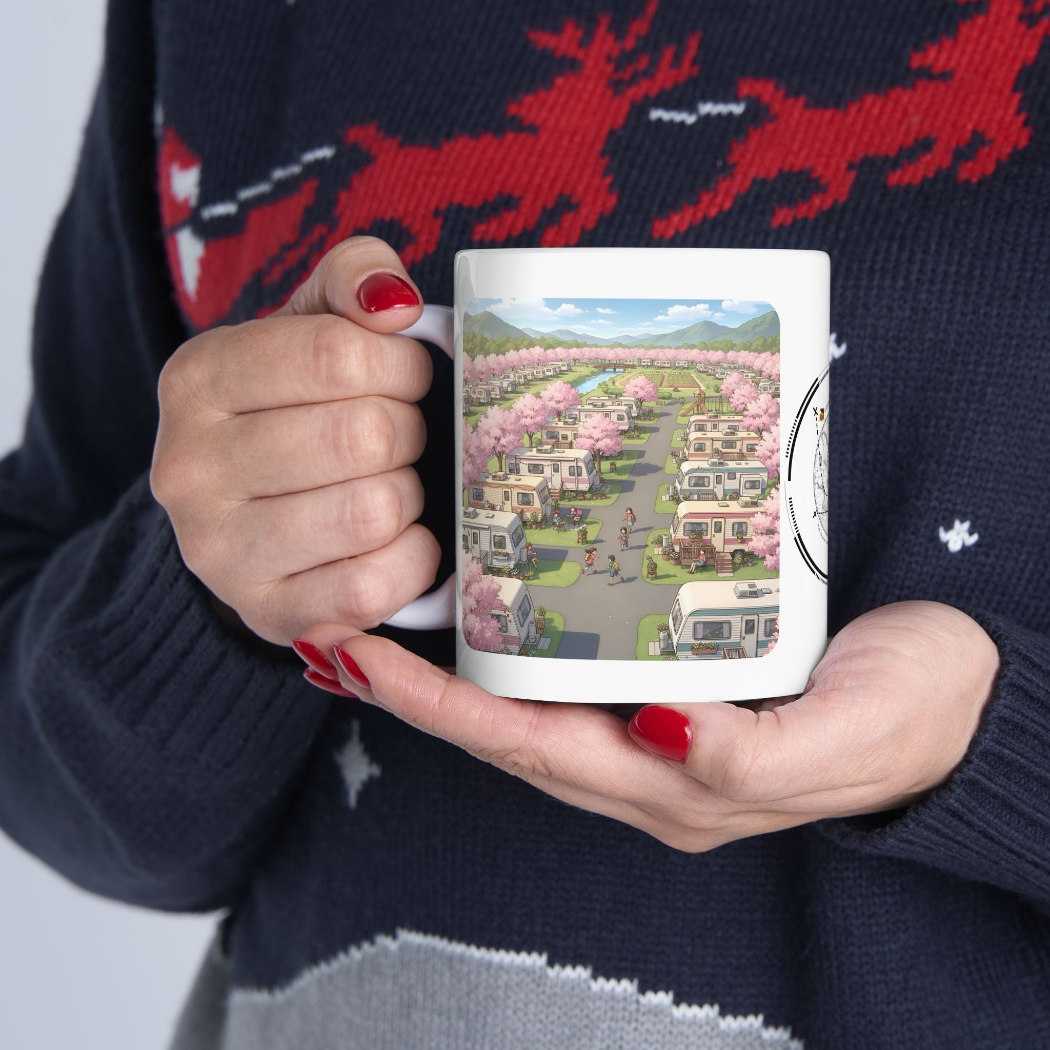 Kawaii English Garden Wildflower Meadow White Ceramic Mug — Cherry Blossom RV Camping Village Cup (11oz/15oz)