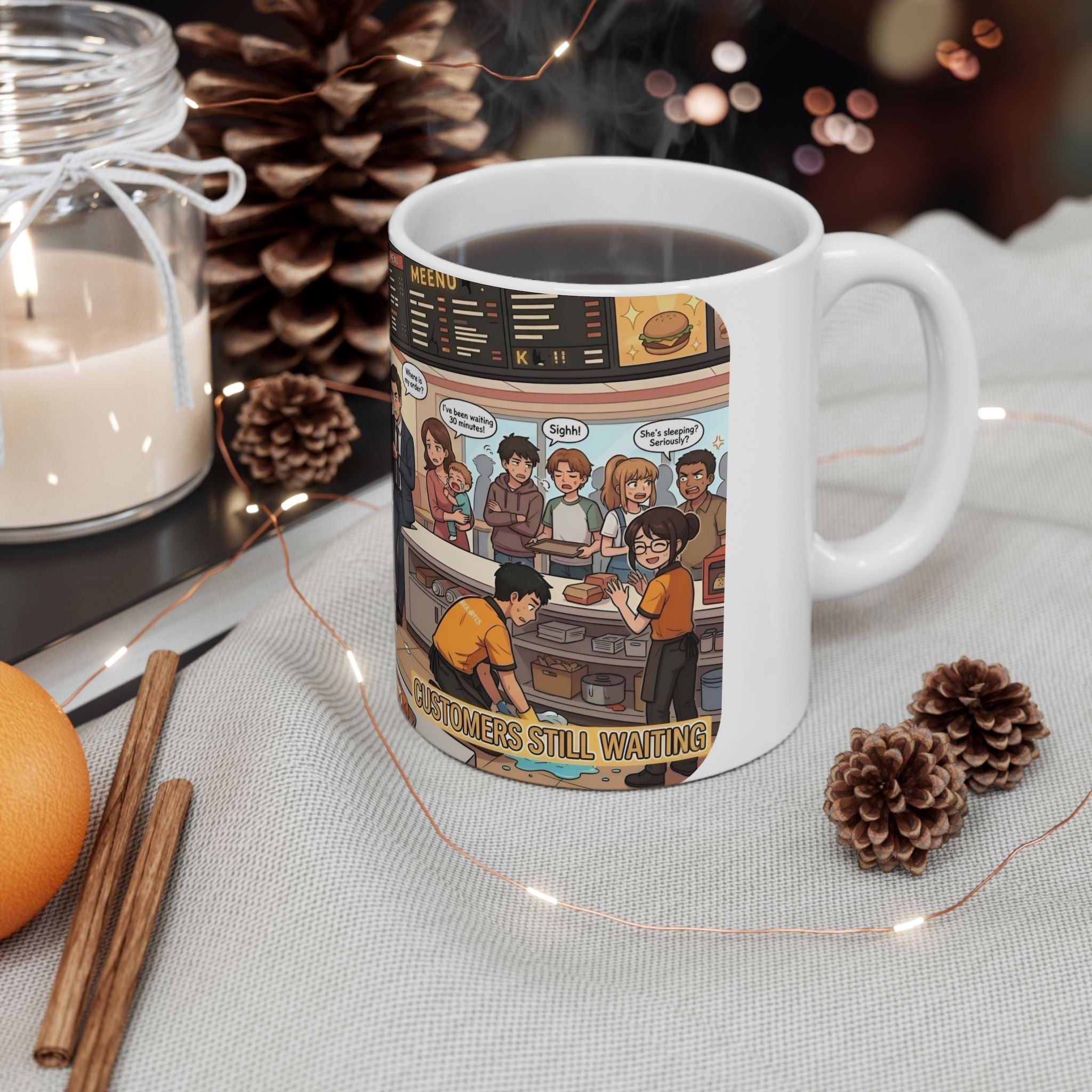 Funny Fast-Food Shift White Ceramic Mug – “Worst Nightmares” Comic Cafe Cup (11oz/15oz)