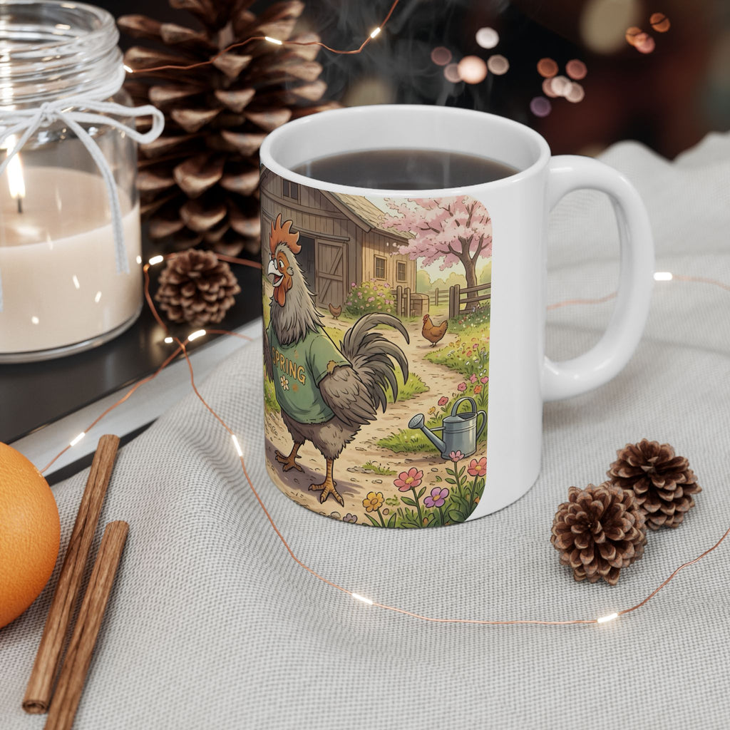 Spring Rooster & Chickens White Ceramic Mug — Cute & Cozy Country Farm Tea Cup (11oz/15oz)