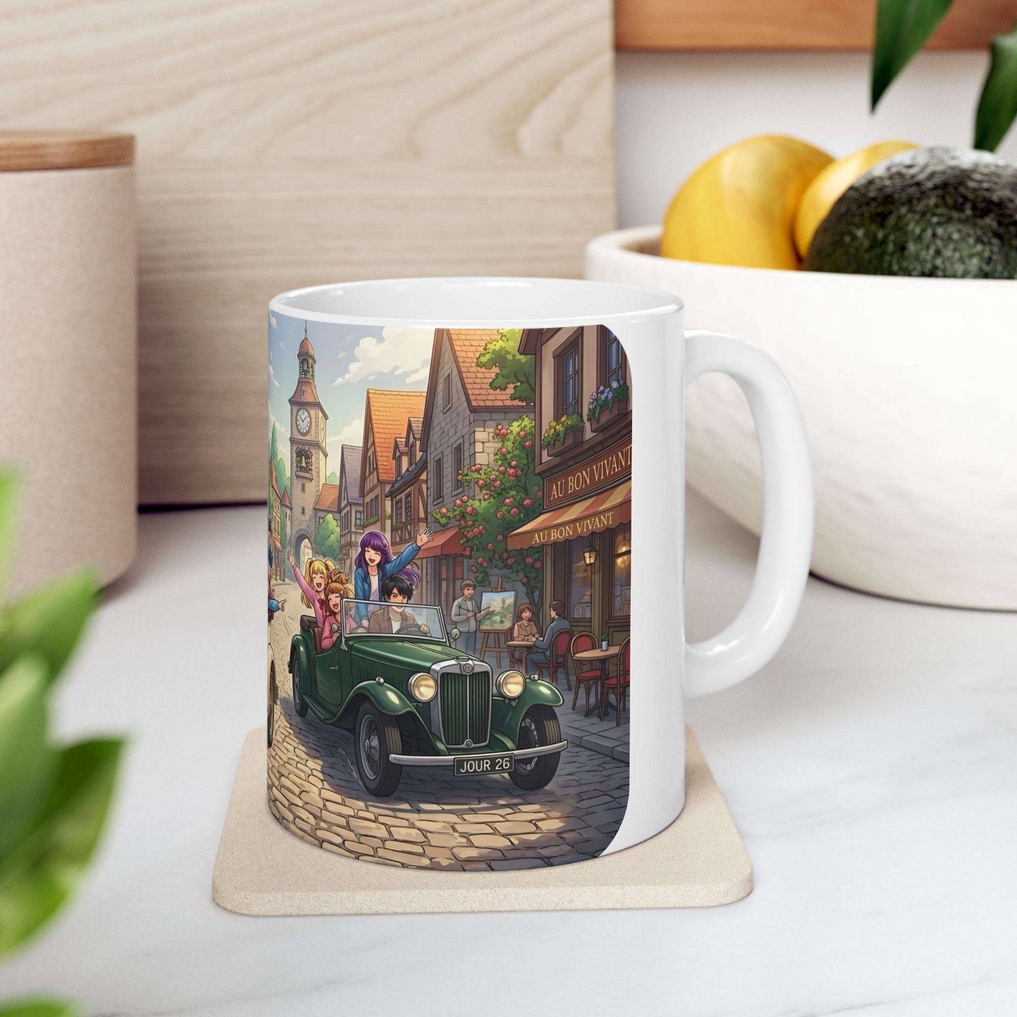 Vintage Village Roadtrip #1 White Ceramic Mug — Classic Cars & Happy Town Friends Cup (11oz, 15oz)