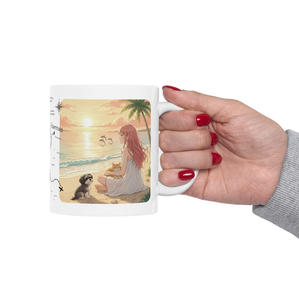 Havanese Shih Tzu & Orange Cat Tropical Seascape White Ceramic Mug, Cozy Owner and Pet Mom on Beach Cup (11oz, 15oz)