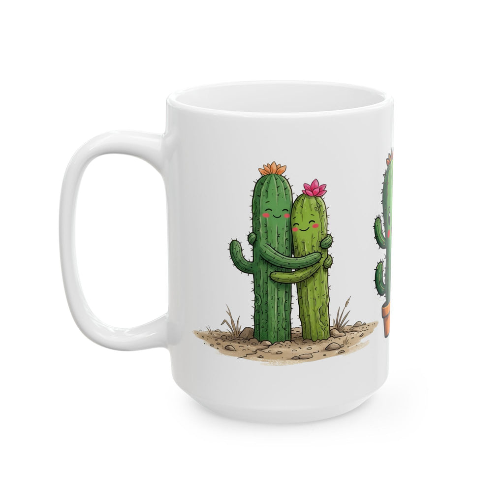 Cactus Couple White Ceramic Mug — Cute Potted Terracotta Tea Cup (11oz & 15oz)