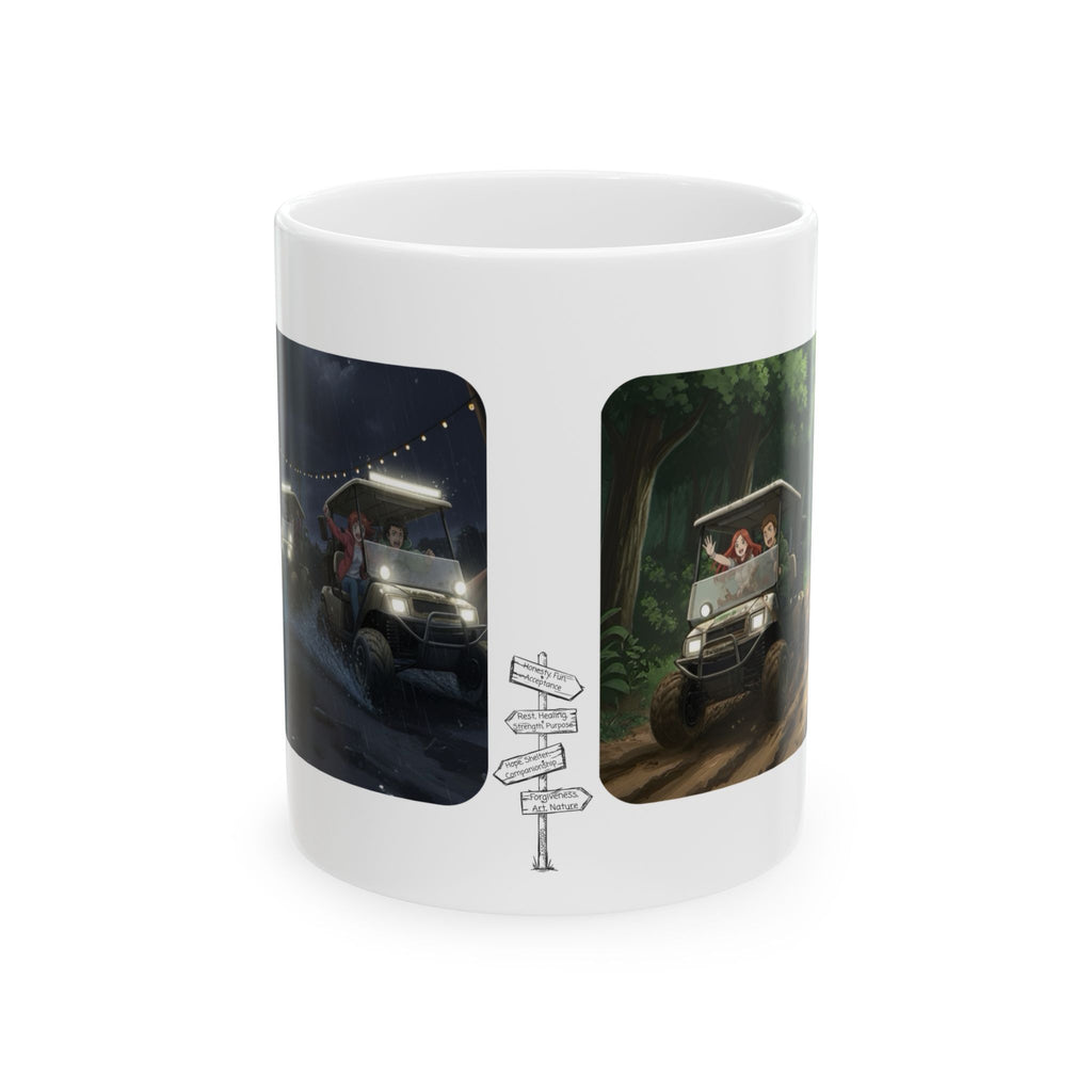 Anime Golf Cart Mud & Rain Racing Adventures #5 White Ceramic Mug — Find Your Path To The Essentials Cup (11oz & 15oz)