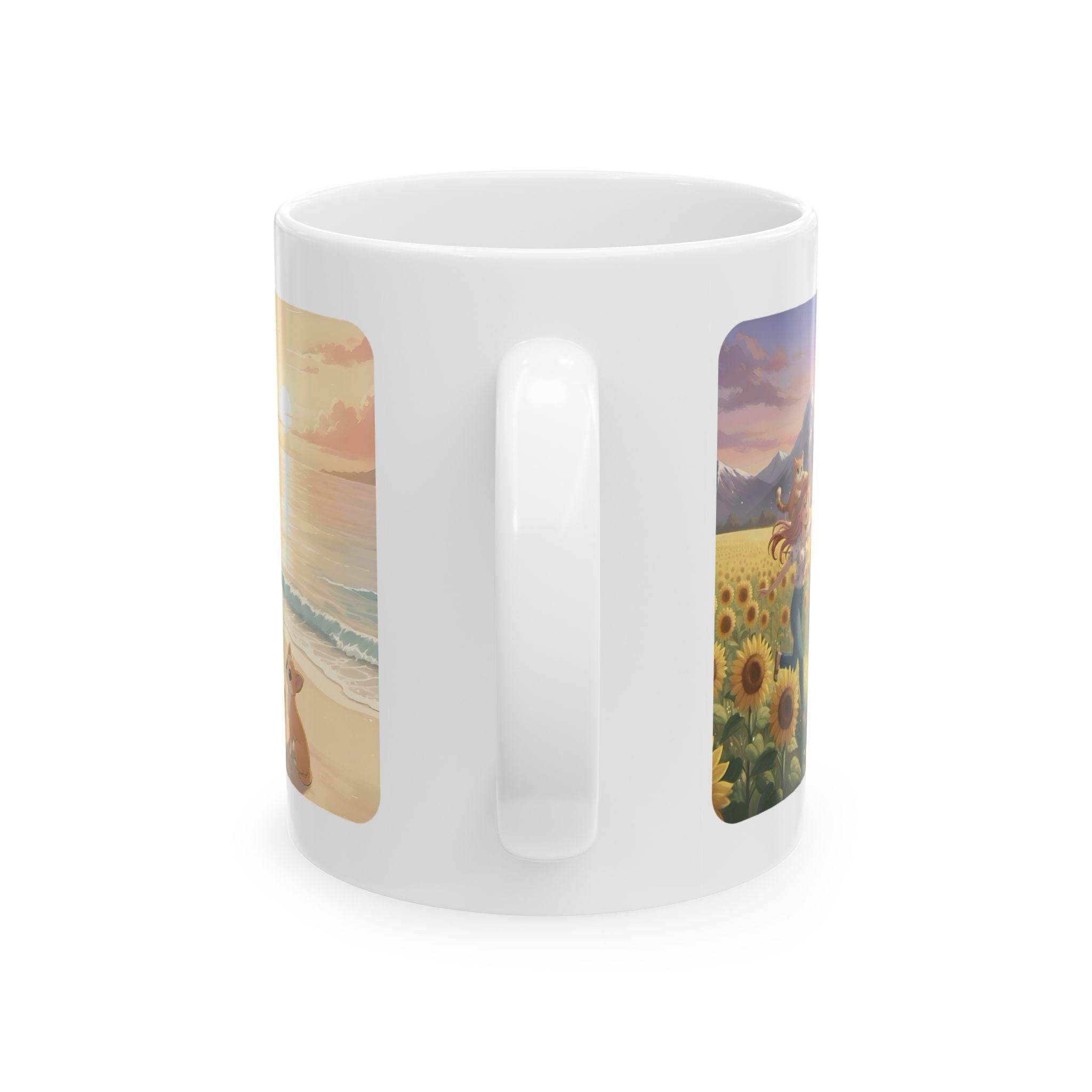 Chihuahua Dog Orange Cat Sunset & Sunflower White Ceramic Mug — Peaceful Waves Anime Girl Boho Beach Vibes Cup (11oz, 15oz)
