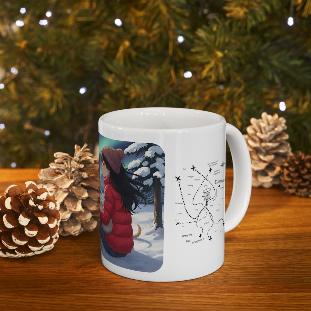 Cozy Winter Night Sky & Reindeer Charm Anime White Ceramic Mug — Greyhound & Siberian Cat under Northern Lights Cup (11oz, 15oz)