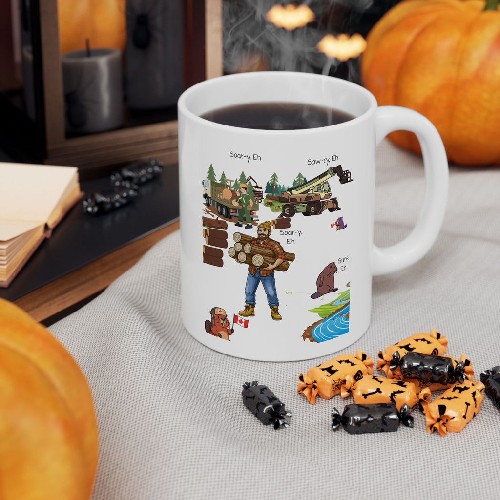 Cute Woodland Beavers With Canadian Lumberjacks On A White Ceramic Mug (11oz, 15oz), We Love Canada Loggers Cup
