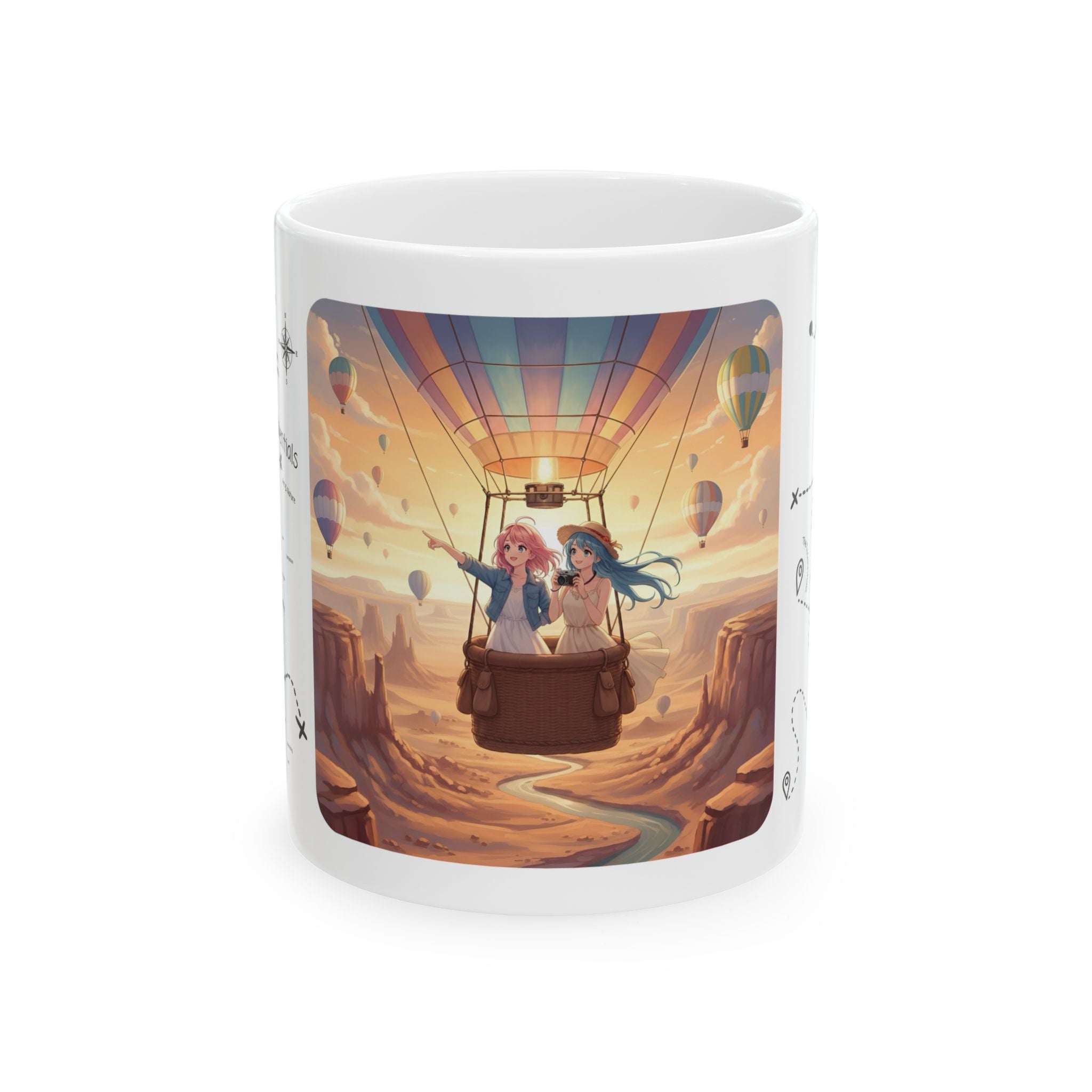 Joyful Friendship Landscape, Colorful Balloon Adventure White Ceramic Mug — True Wealth, Adventure, & Creativity Cup (11oz/15oz)
