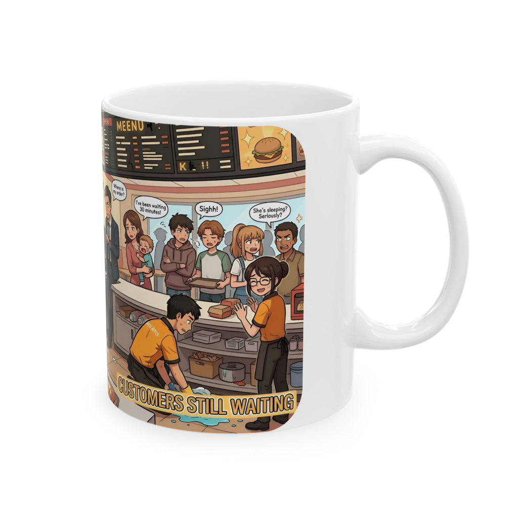 Funny Fast-Food Shift White Ceramic Mug – “Worst Nightmares” Comic Cafe Cup (11oz/15oz)