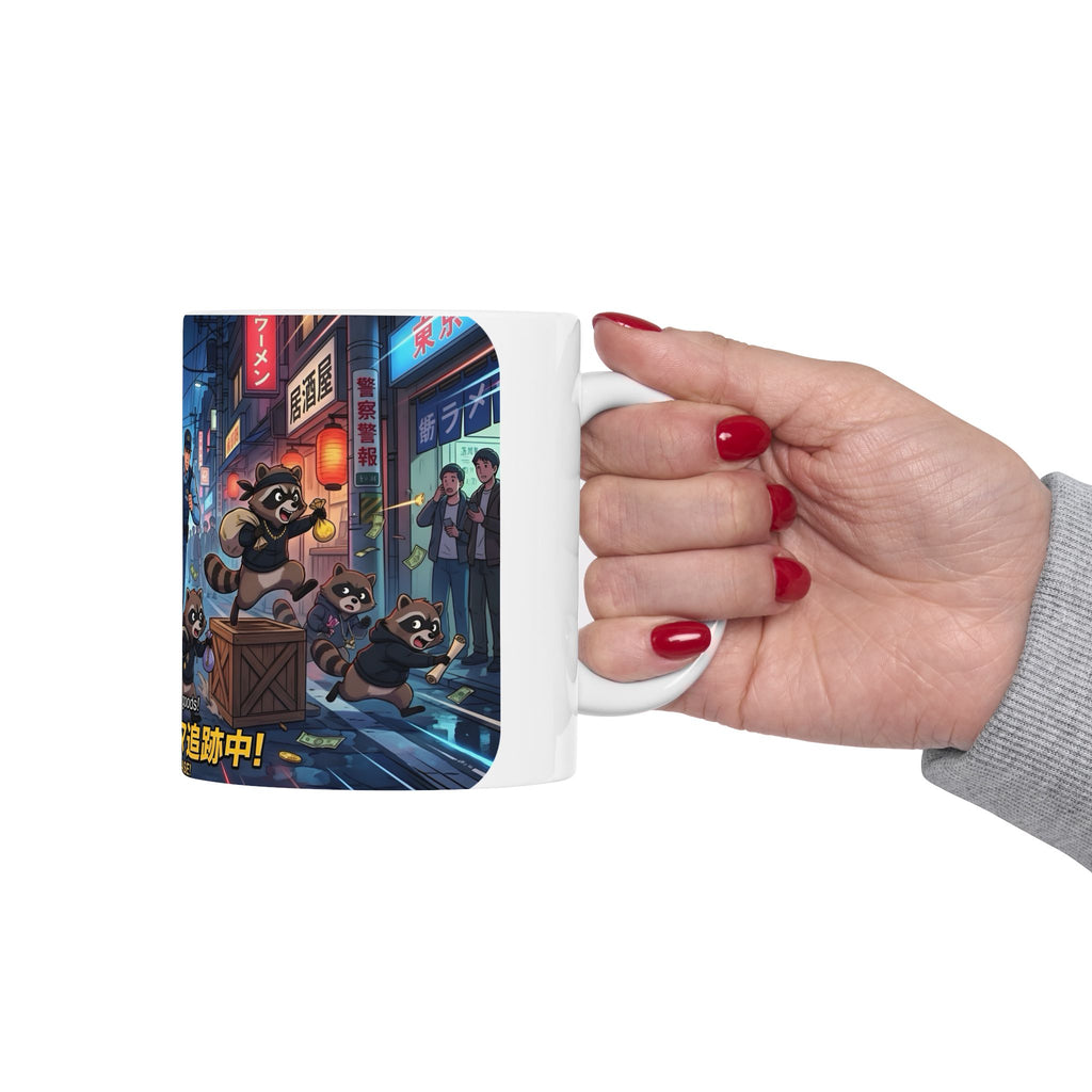 "Raccoon Chase" Anime City Police White Ceramic Mug (11oz/15oz), Urban Ringtails Cup