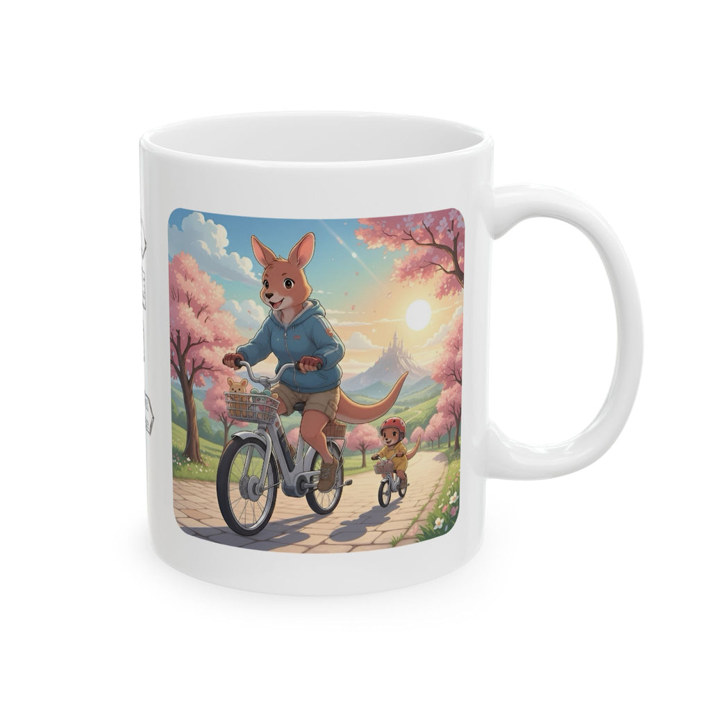 Too Cute to Handle!  Kangaroo Mom & Joey Biking Under Cherry Blossoms White Ceramic Mug — Mommy & Me Anime Bike Adventure Cup for Happy Sips, 11oz & 15oz