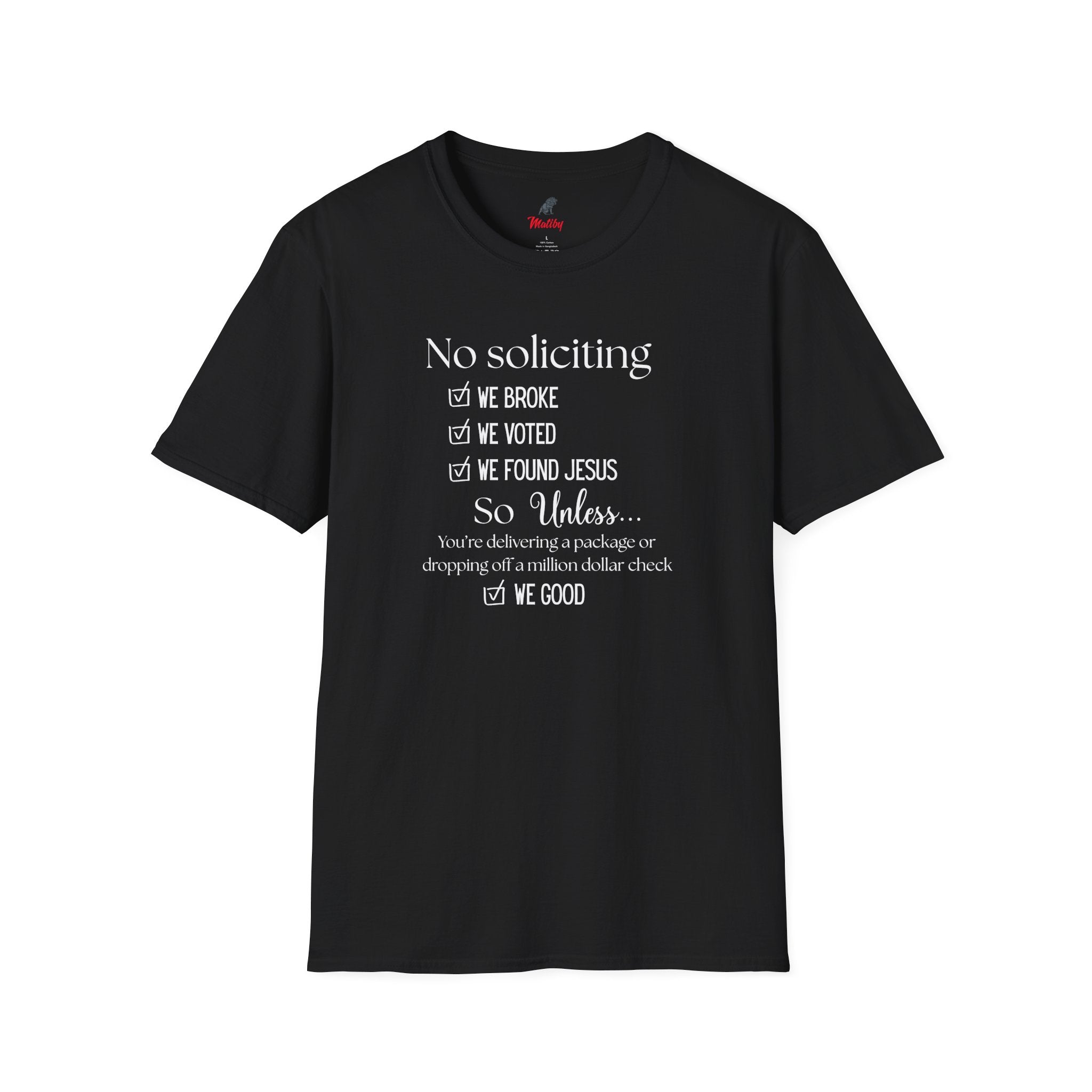 No Soliciting T-Shirt #2 — "Unless..." Funny Checklist Tee (All of the Above)