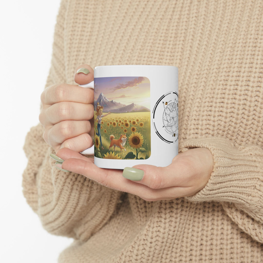 Shiba Inu Dog Orange Cat Sunset & Sunflower White Ceramic Mug — Peaceful Waves Anime Girl Boho Beach Vibes Cup (11oz, 15oz)