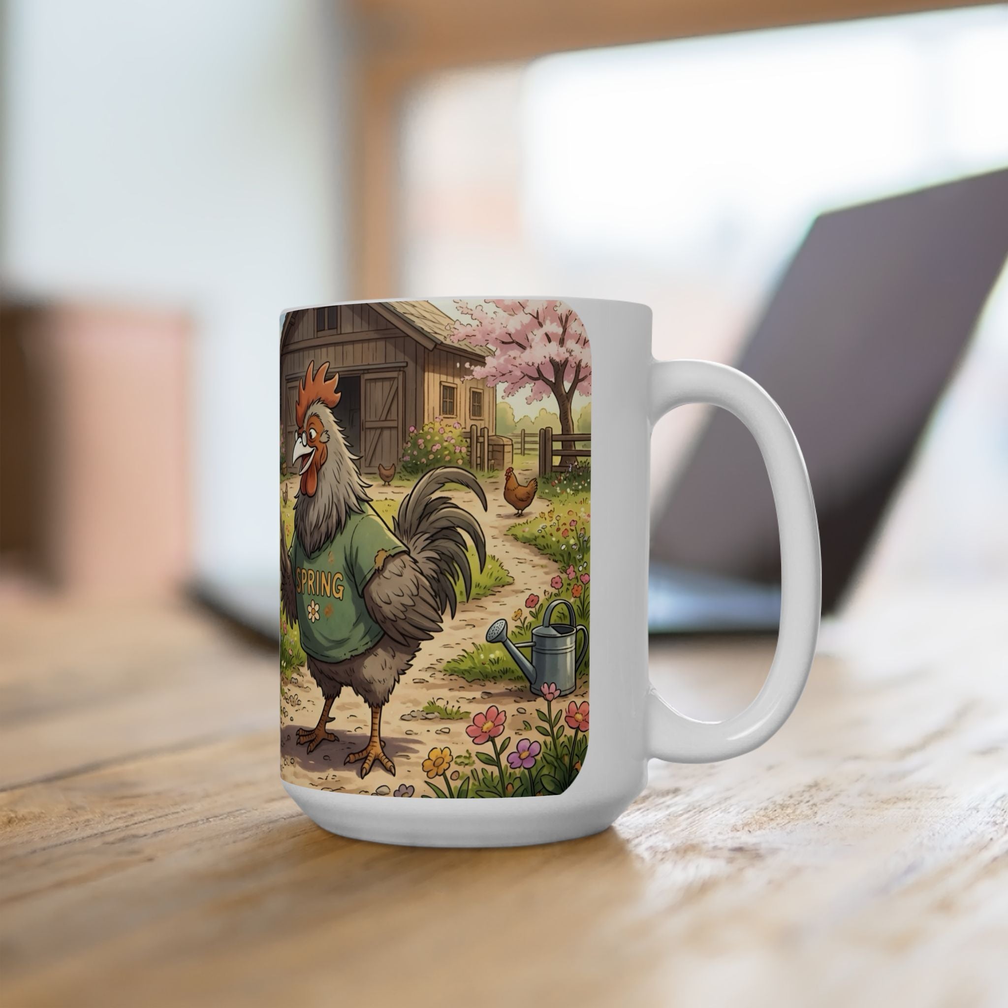 Spring Rooster & Chickens White Ceramic Mug — Cute & Cozy Country Farm Tea Cup (11oz/15oz)