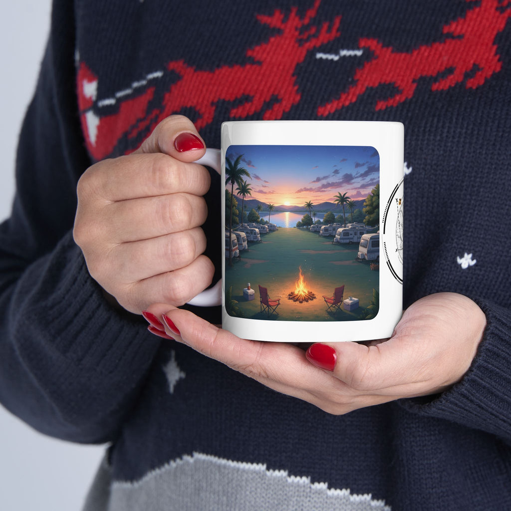 Cozy Sunset Lake Travel Adventure White Ceramic Mug — Vintage Map Compass & Tropical RV Roadtrip Cup (11oz/15oz)