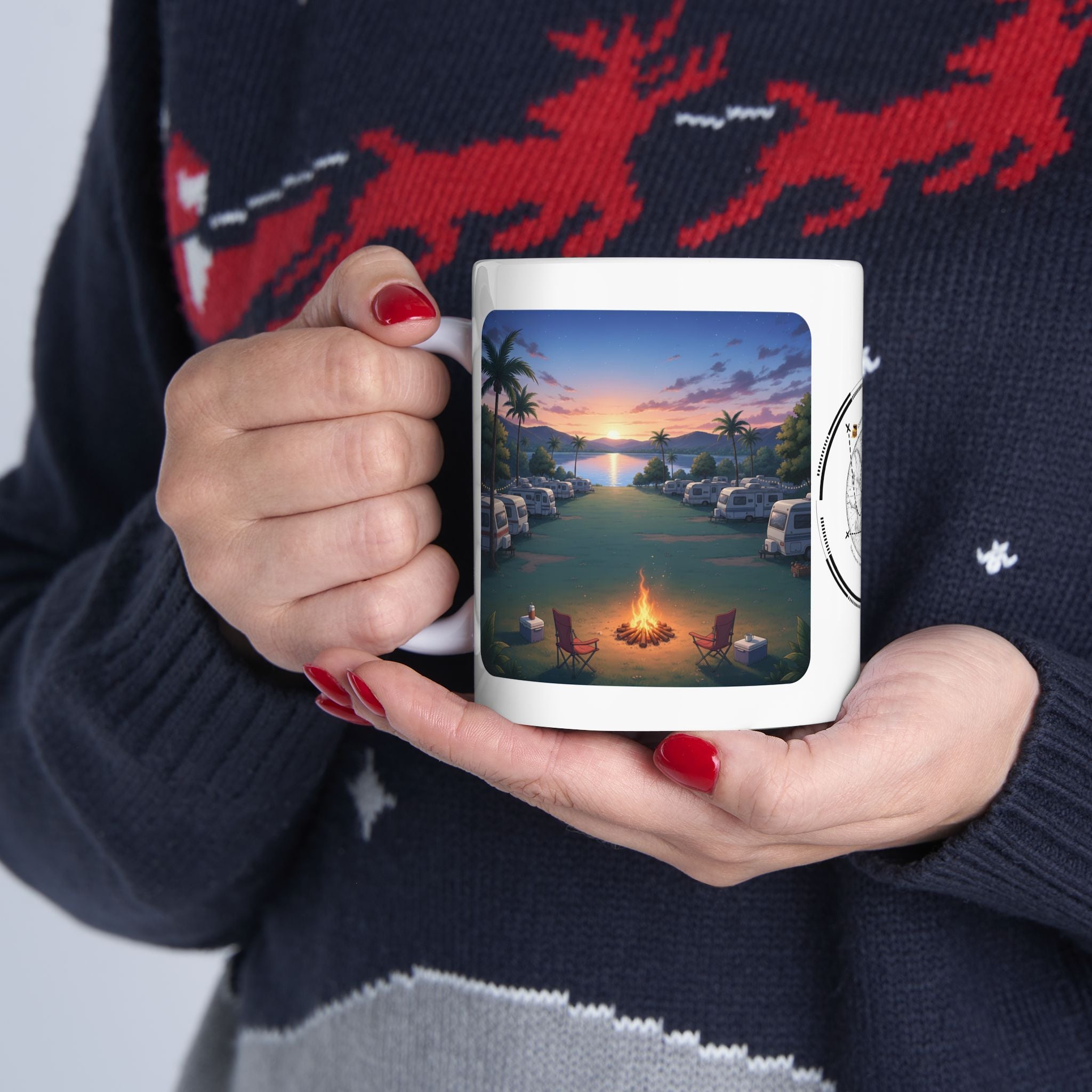 Cozy Sunset Lake Travel Adventure White Ceramic Mug — Vintage Map Compass & Tropical RV Roadtrip Cup (11oz/15oz)