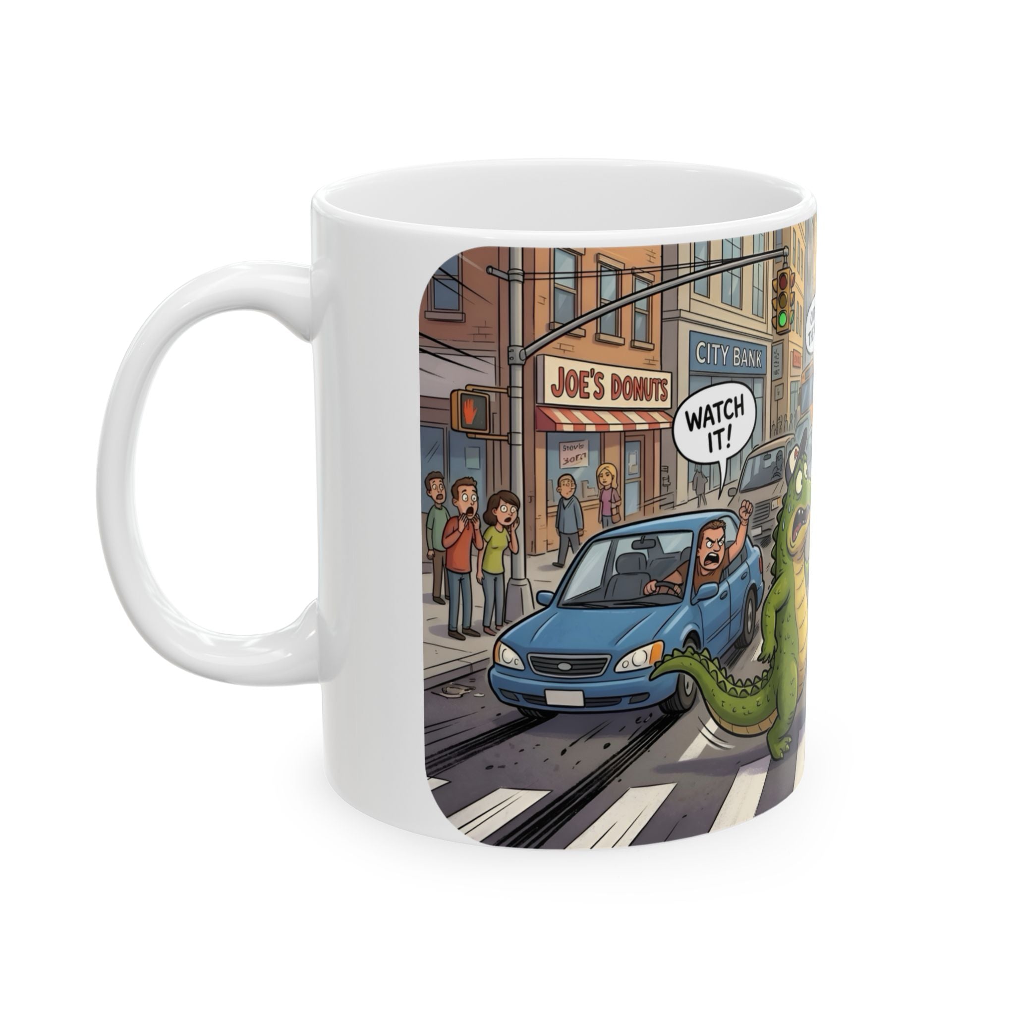 Gator, Crane, and Pidgeon Crossing White Ceramic Mug — Alligator & Bird Traffic Jam Cup (11 oz, 15 oz)