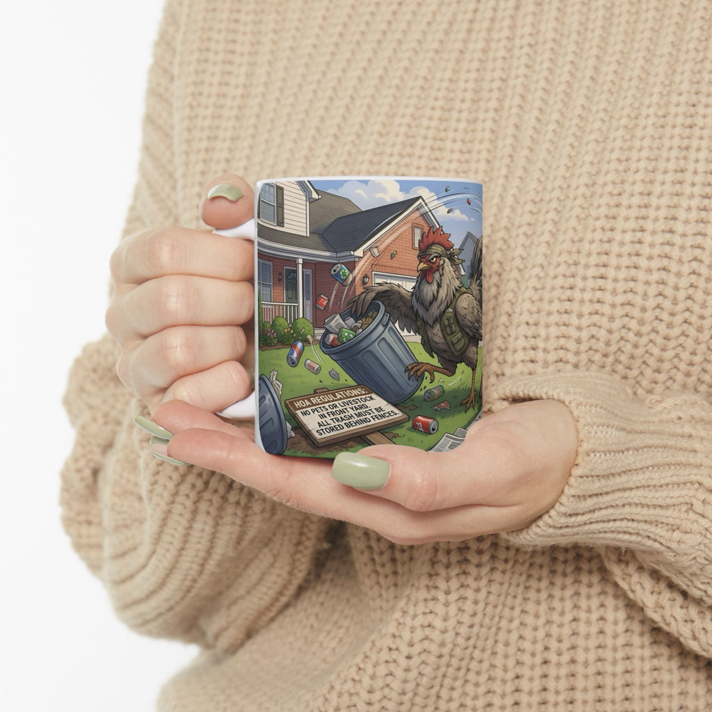 Rooster Rebellion White Ceramic Mug – Funny Morning HOA Trouble Cup (11oz/15oz)
