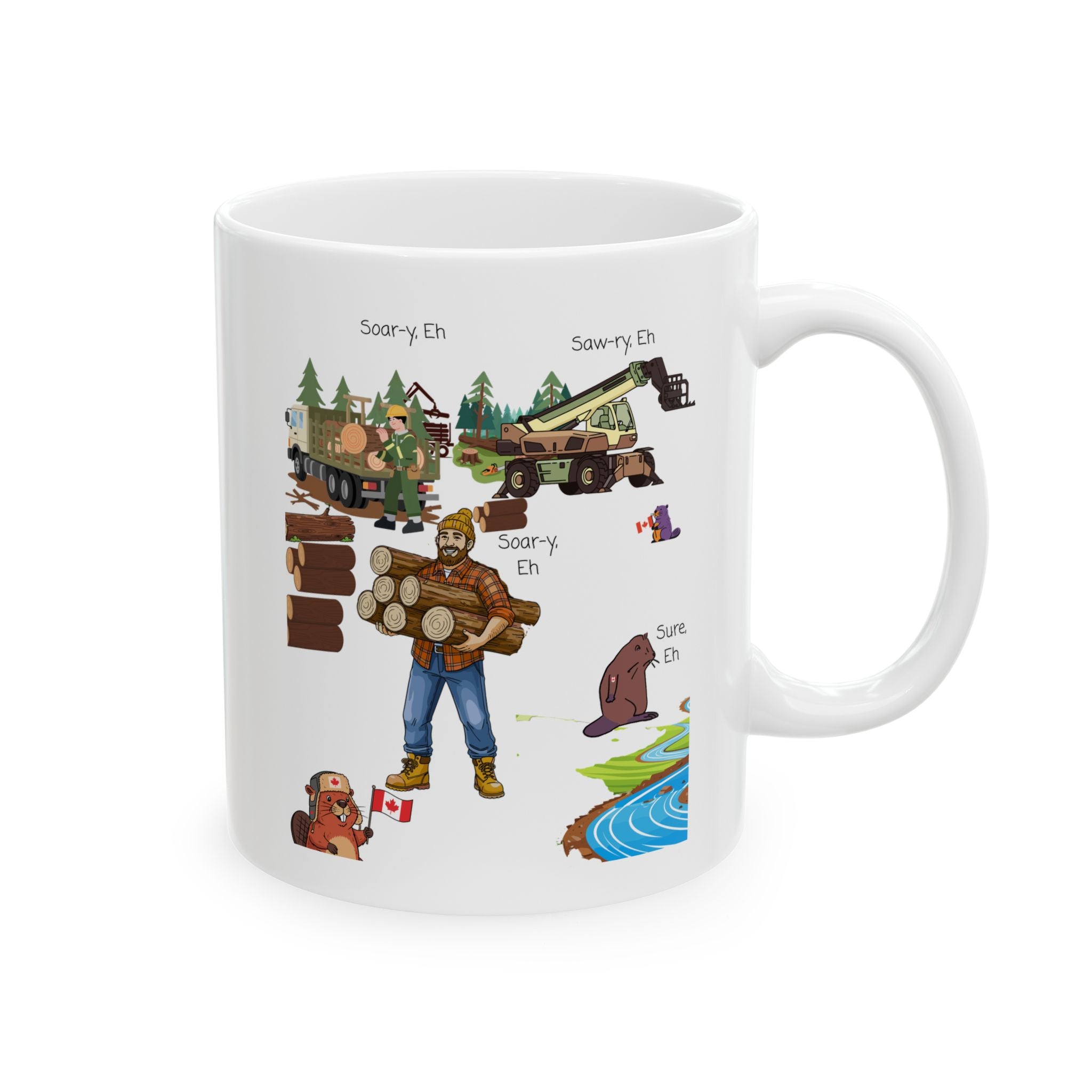 Cute Woodland Beavers With Canadian Lumberjacks On A White Ceramic Mug (11oz, 15oz), We Love Canada Loggers Cup