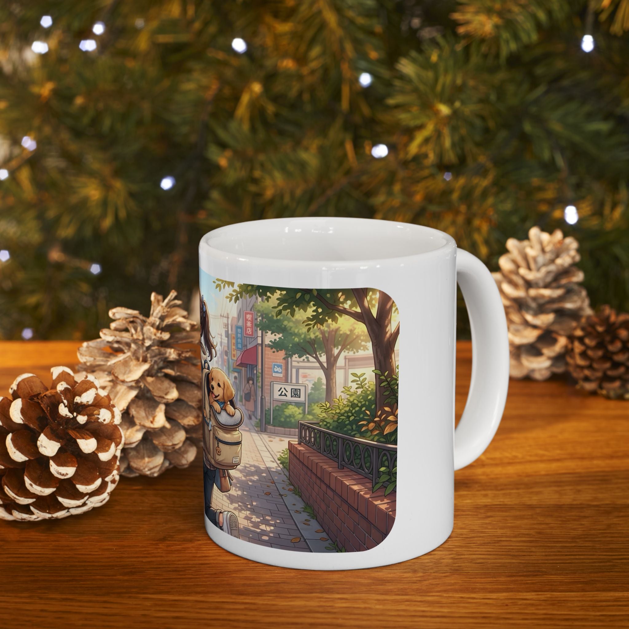 Cozy & Cute Puppy Backpack White Ceramic Mug (11oz, 15oz), Grins & Peeks Cobblestone Cup