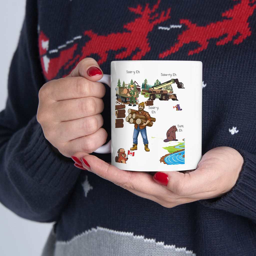 Cute Woodland Beavers With Canadian Lumberjacks On A White Ceramic Mug (11oz, 15oz), We Love Canada Loggers Cup