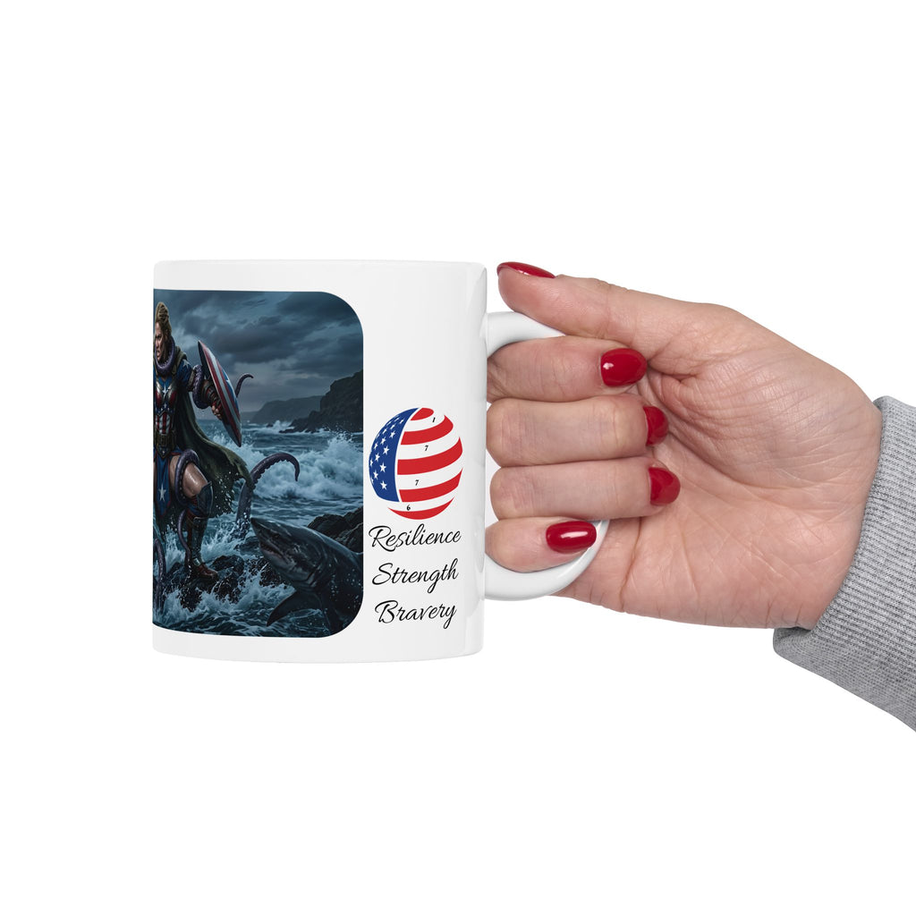 Lady Liberty Unbound #1 White Ceramic Mug — USA Standing Strong Against Darkness Cup