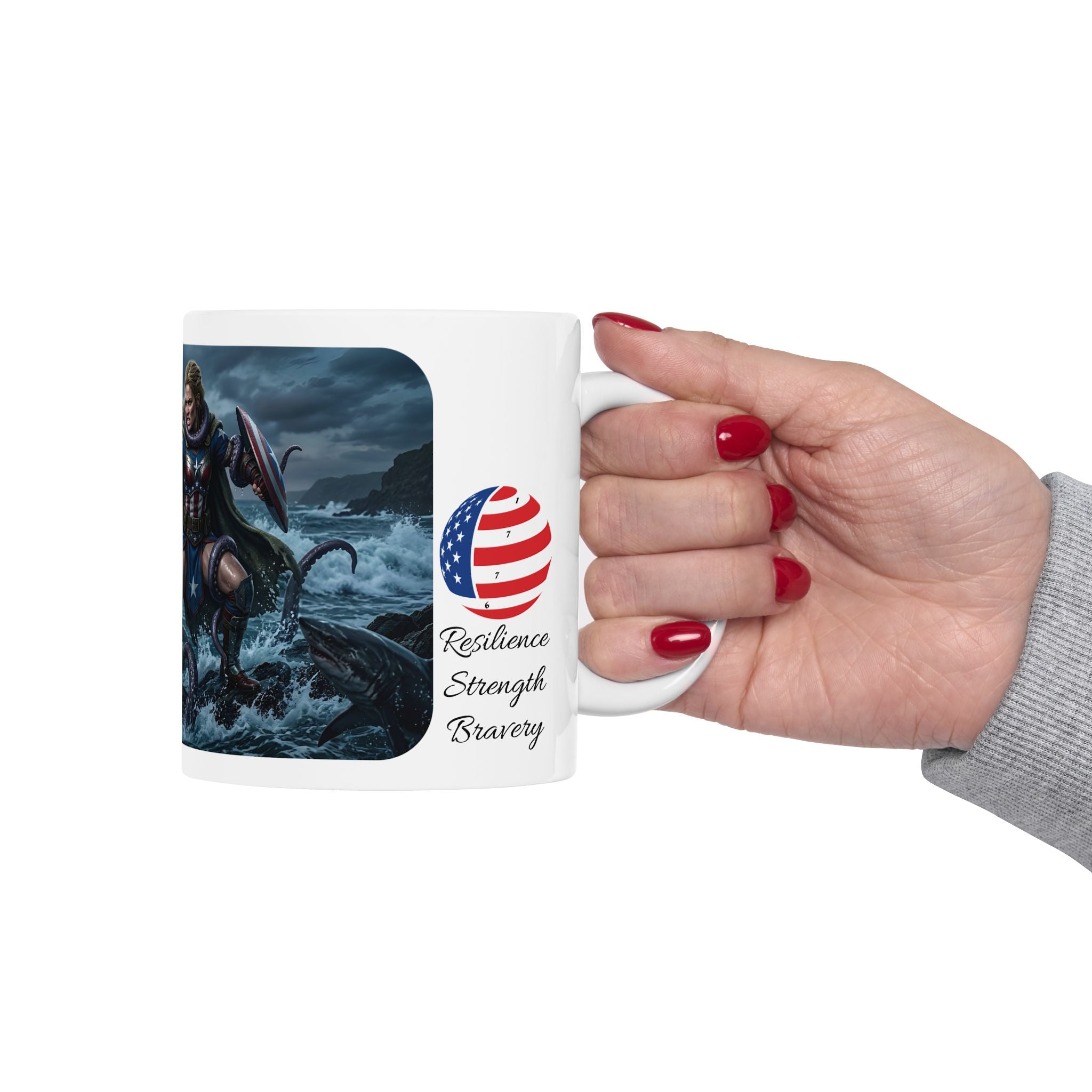 Lady Liberty Unbound #1 White Ceramic Mug — USA Standing Strong Against Darkness Cup