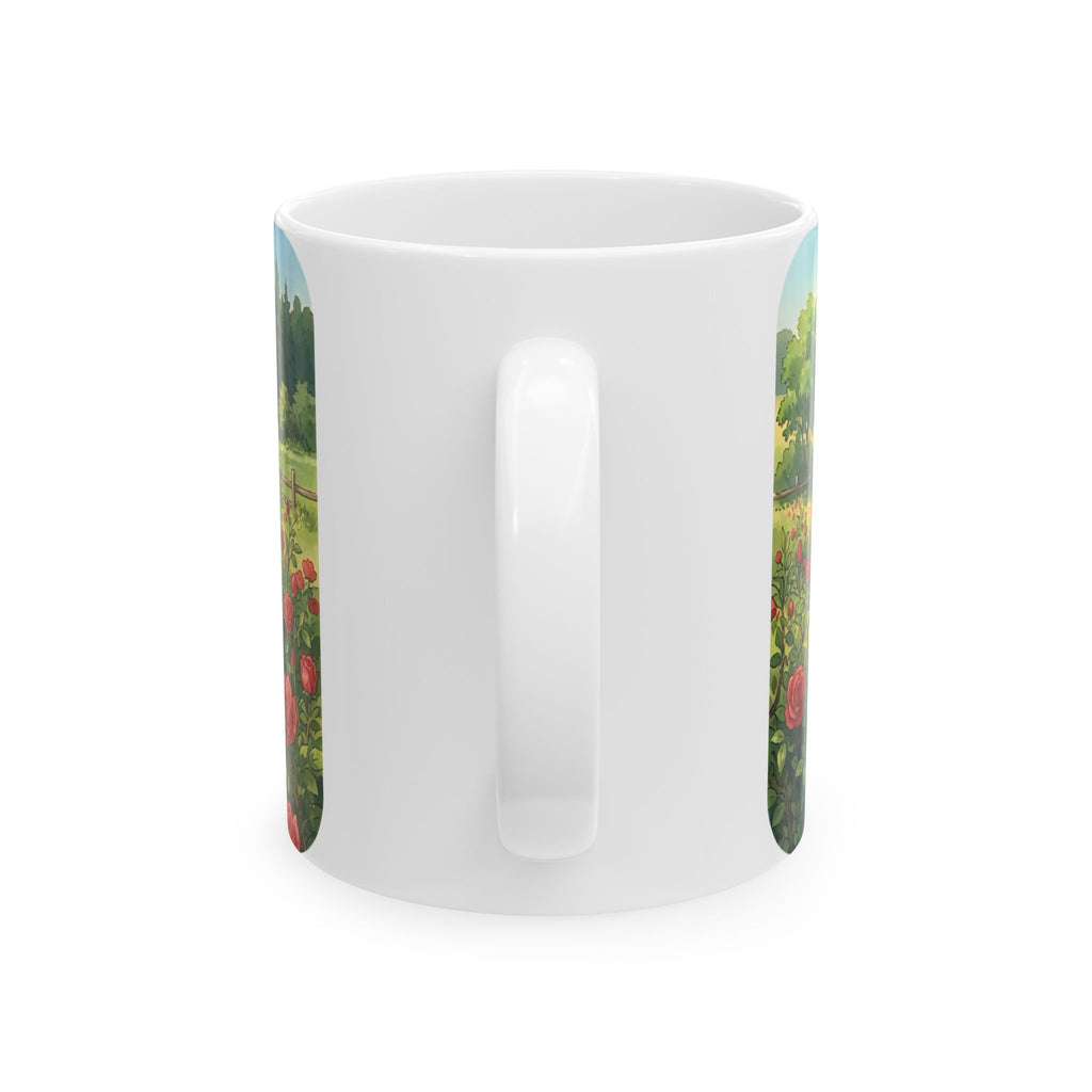 Scenic Countryside White Ceramic Mug — Floral Garden & Butterflies 11oz/15oz