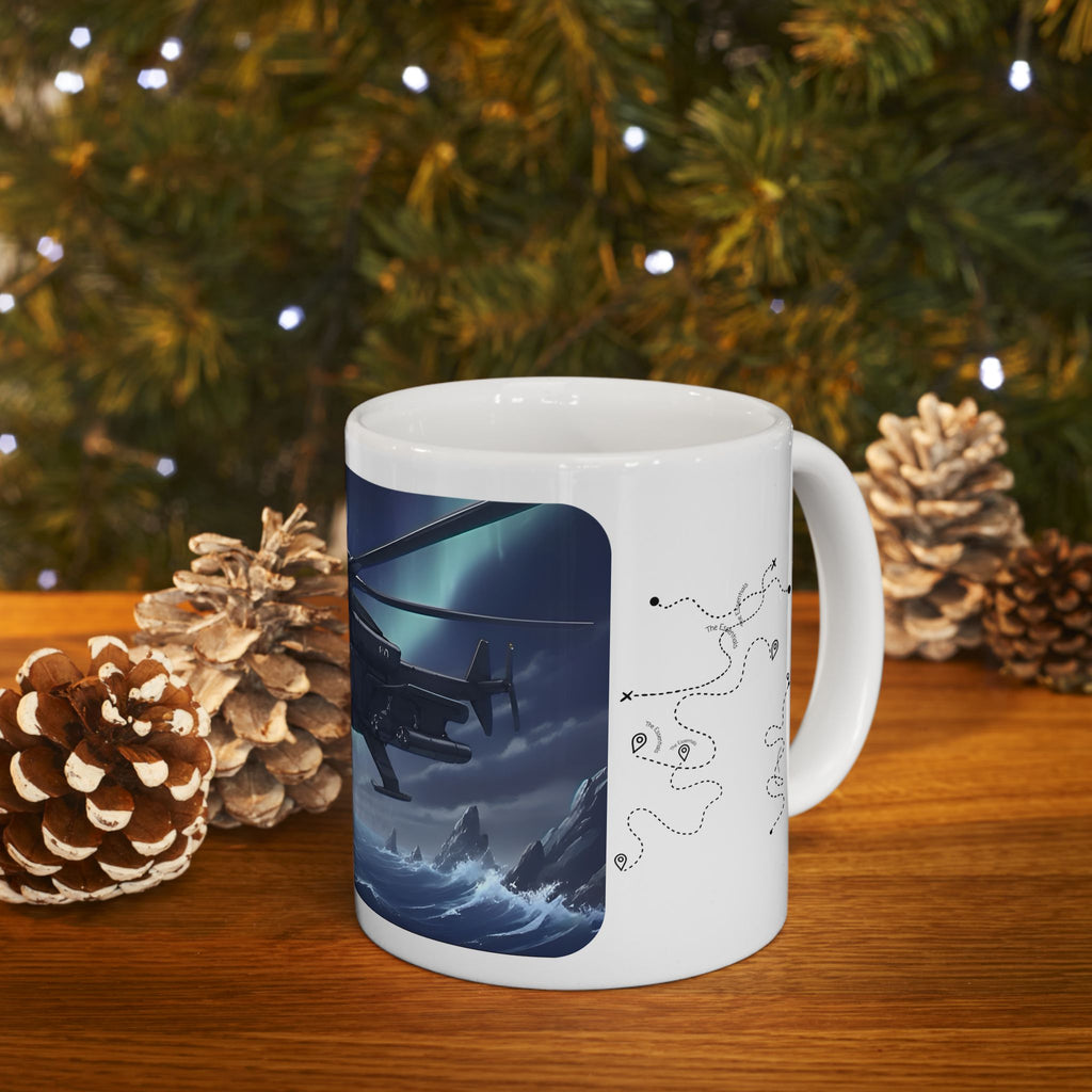 Touring Heli Under Aurora Borealis Northern Lights White Ceramic Mug – Friends, Family & Imaginative Adventures, Celebrating Companionship, Creativity & Life’s Little Wonders Cup (11oz/15oz)