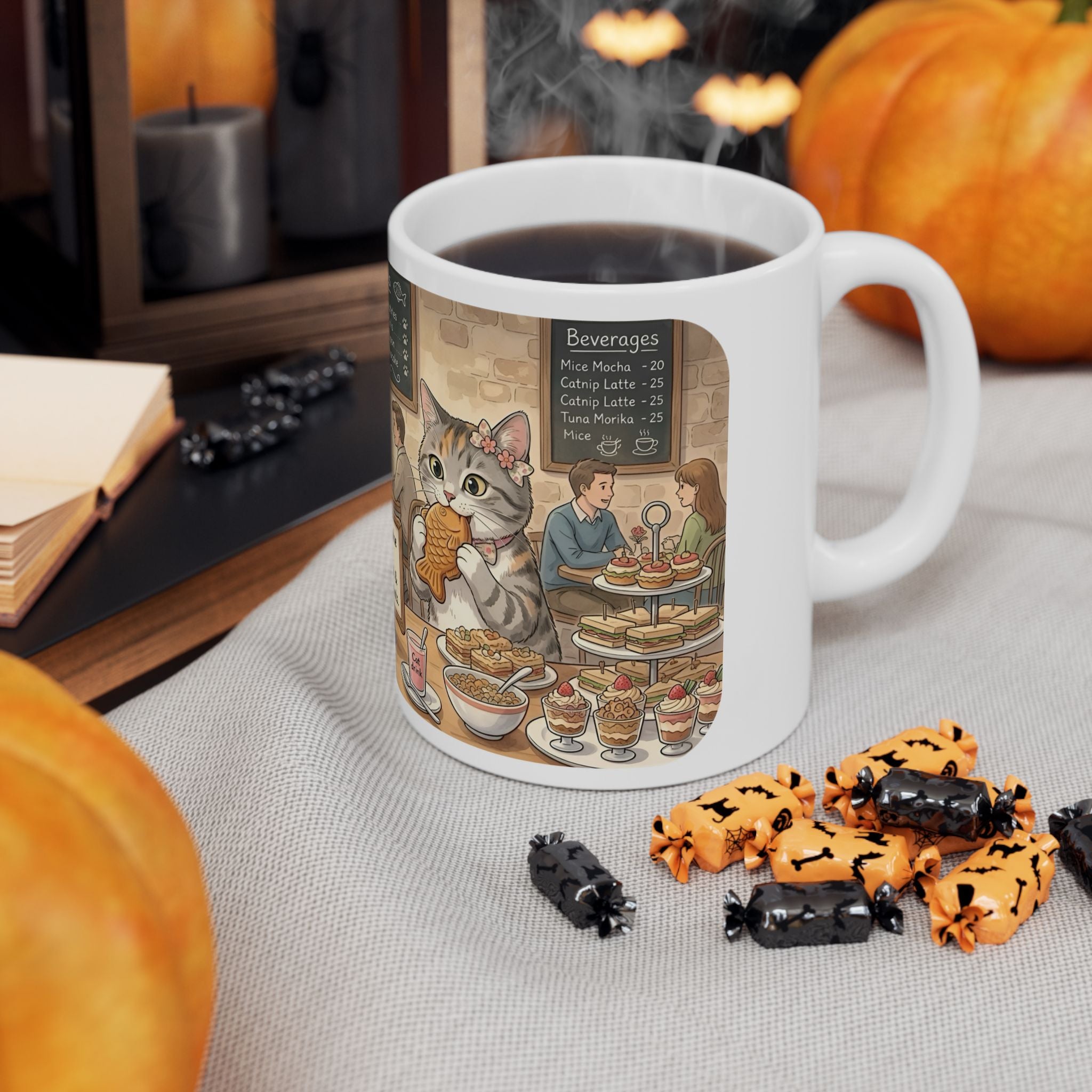 Cat-Astrophe Café White Ceramic Mug — Cute Cat Bakery Date Cup (11oz & 15oz)