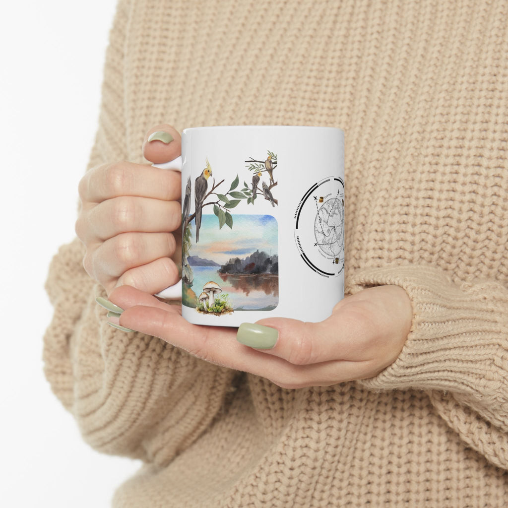 Joy of Life Tranquil Morning White Ceramic Mug — Serene Wilderness Lake Cup (11oz/15oz)