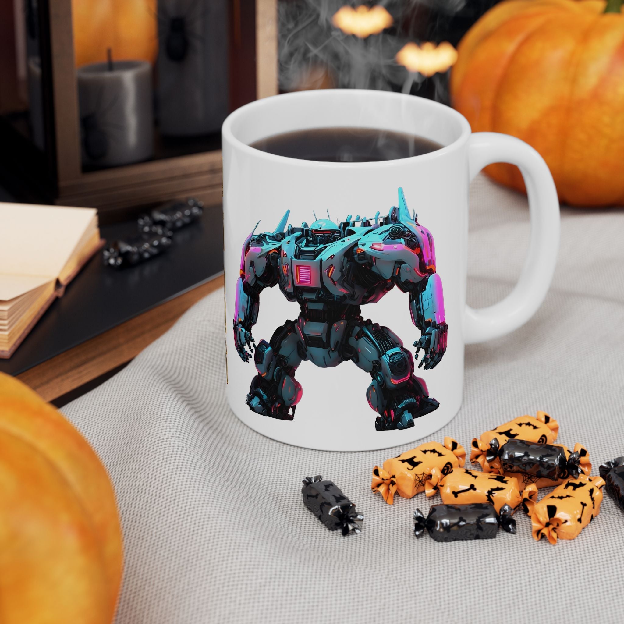 'The Meks' Sci‑Fi Mech Robot #7 White Ceramic Mug (11oz & 15oz), Retro Cyberpunk Tea Cup