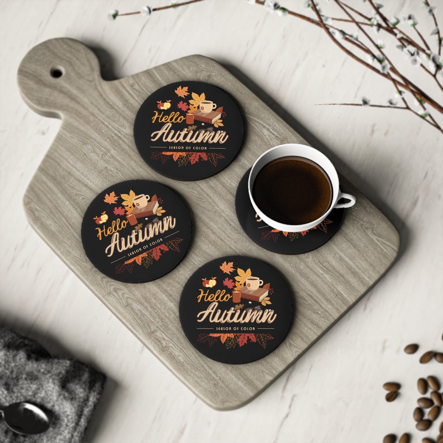 Journeys Hello Autumn Seasons of Change Coaster Black, Gifts for the Holidays, Seasonal Coasters, Coasters for All Occasions, Thanksgiving Coaster