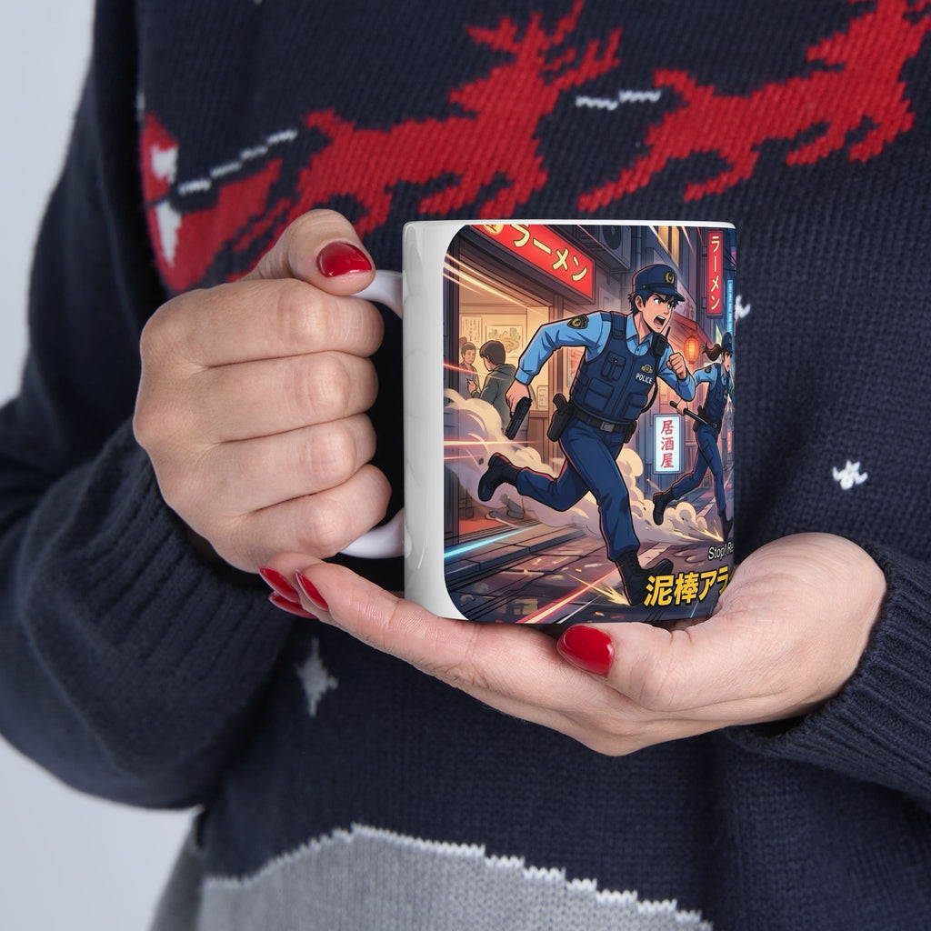 "Raccoon Chase" Anime City Police White Ceramic Mug (11oz/15oz), Urban Ringtails Cup