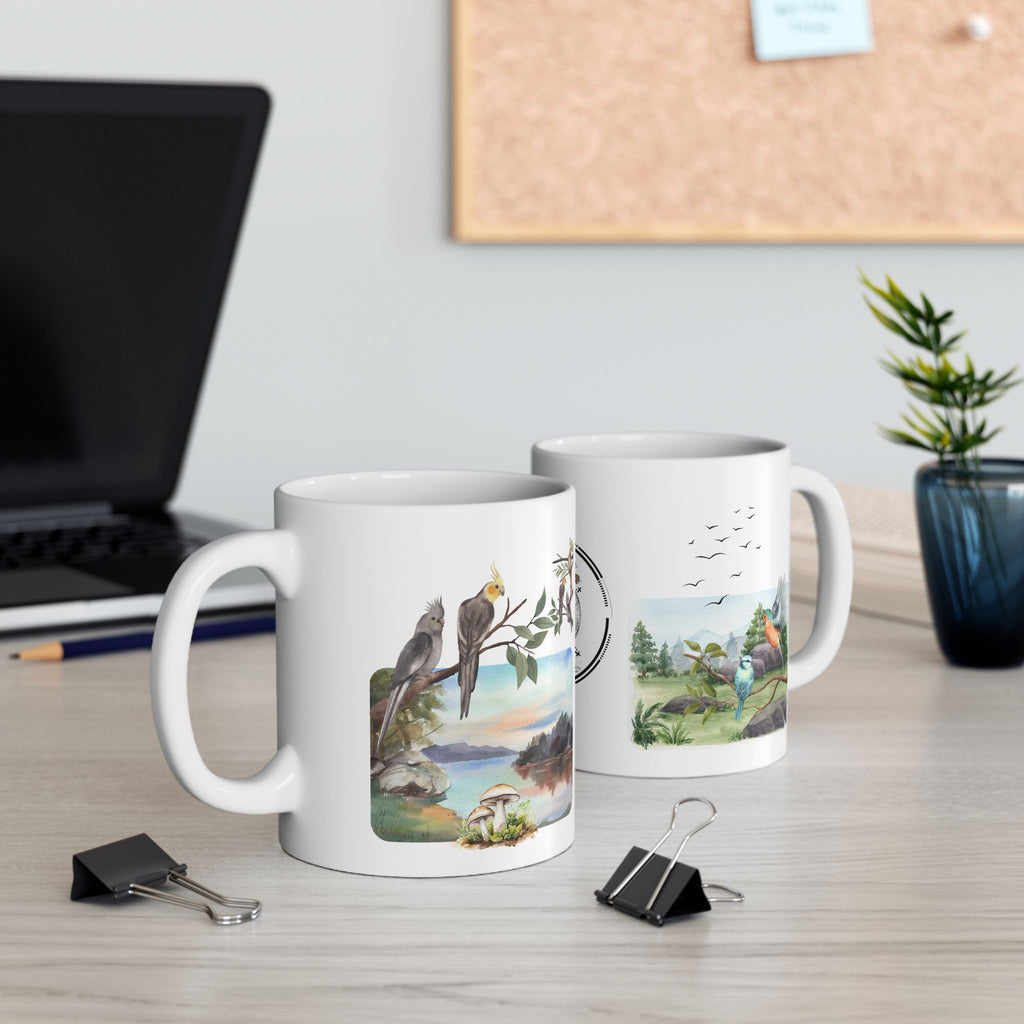 Joy of Life Tranquil Morning White Ceramic Mug — Serene Wilderness Lake Cup (11oz/15oz)