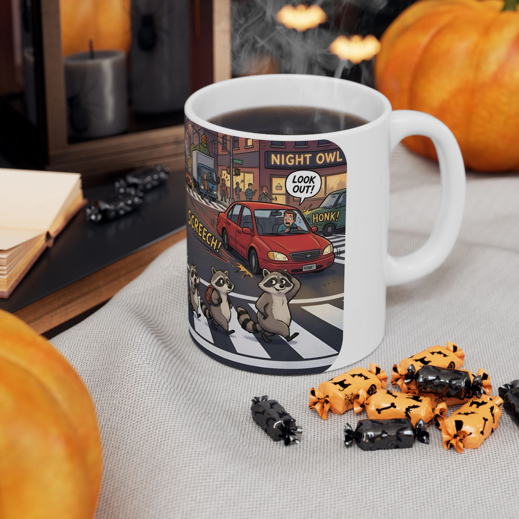Raccoon Crosswalk White Ceramic Mug (11oz/15oz) – Cute Urban Wildlife Tea Cup