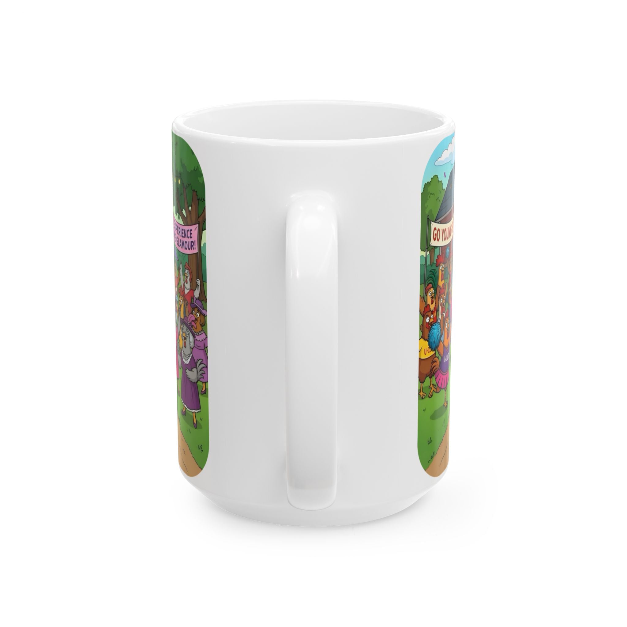 Hens & Roosters Drag Race White Ceramic Mug — Funny Farm Fraternity Racing Tea Cup (11oz/15oz)