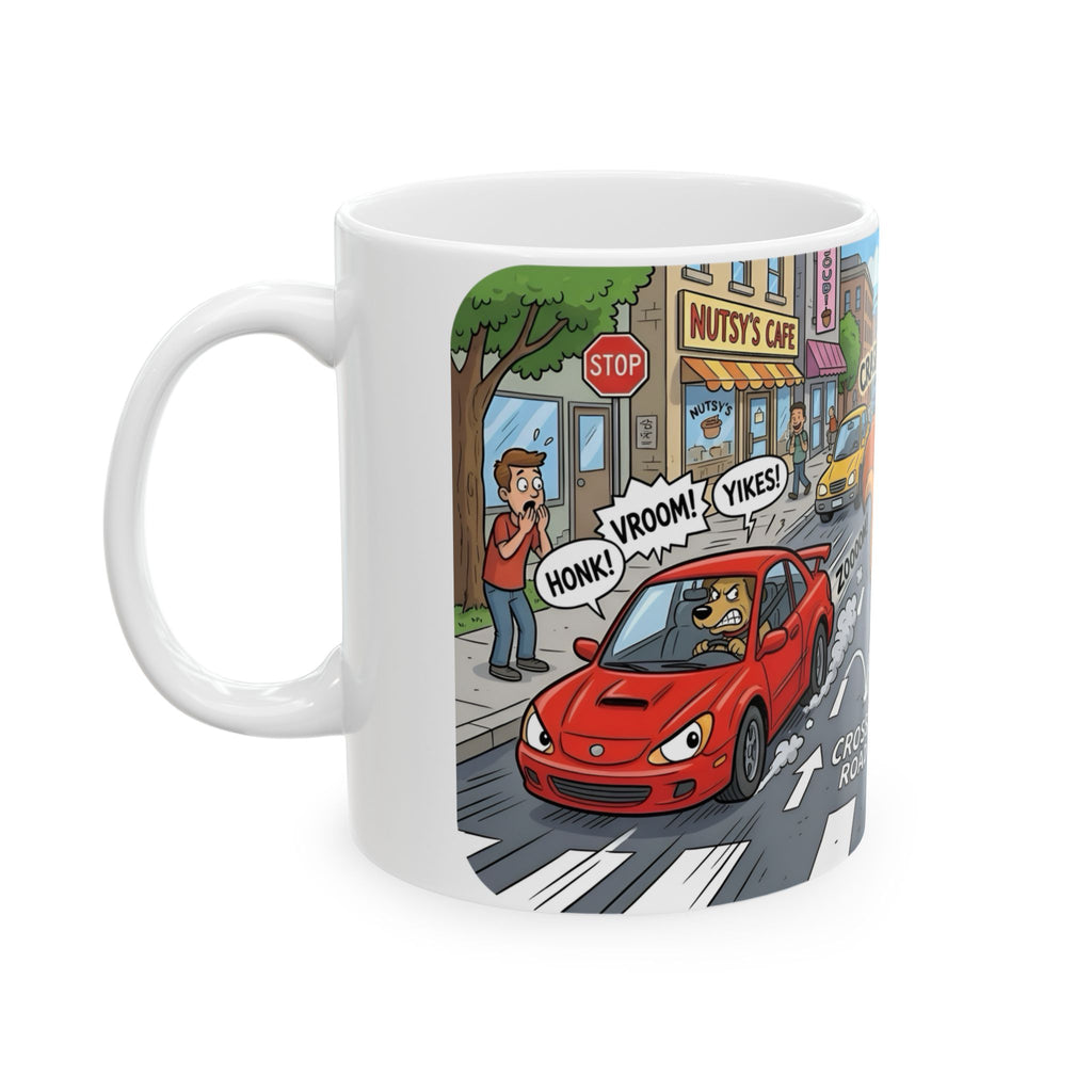Nutsy's Crossy Road White Ceramic Mug – Adventurous Squirrel Crossing Cup (11oz/15oz)
