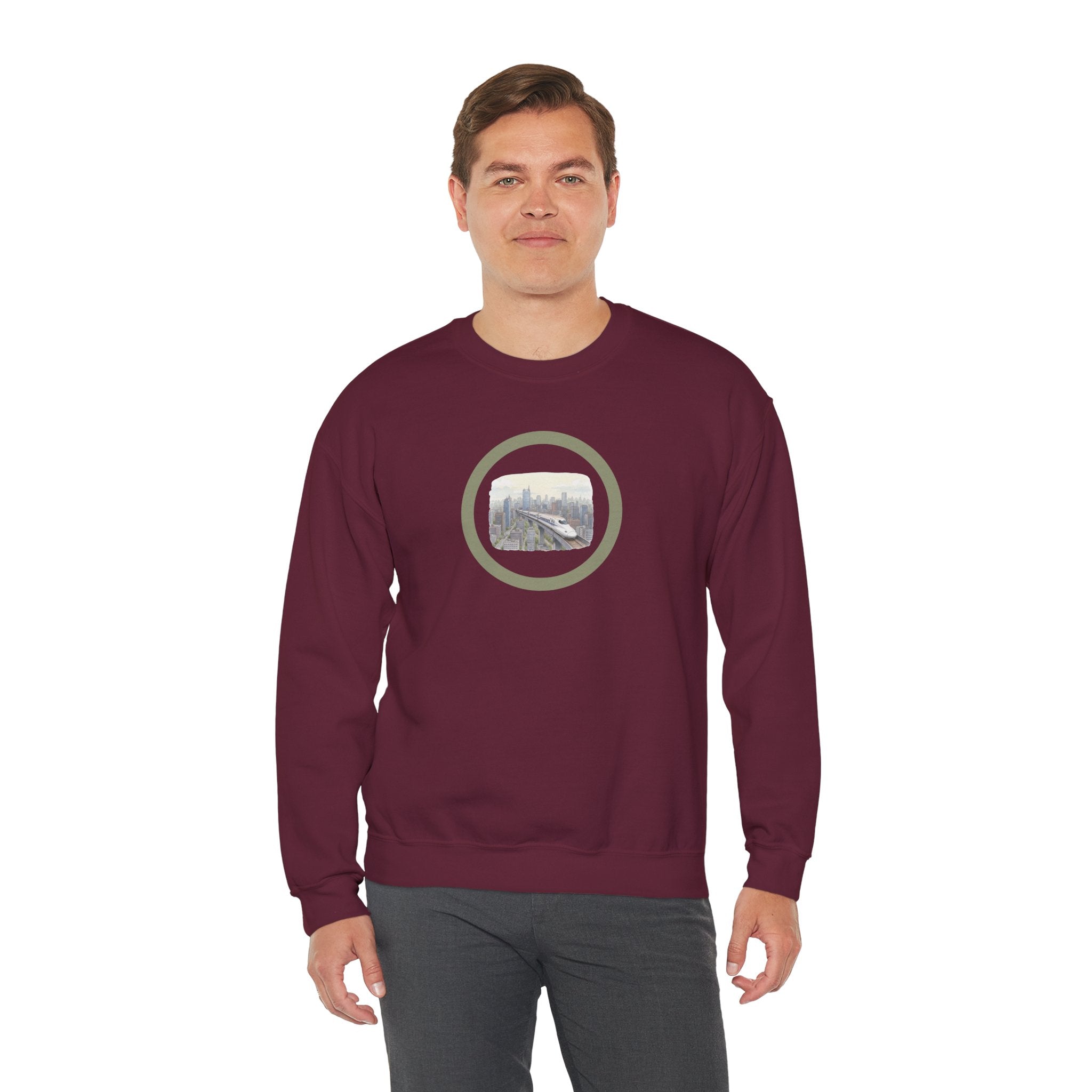 Circular Crewneck Bullet Train Sweatshirt — Vintage Locomotive Over The Metro Sweater