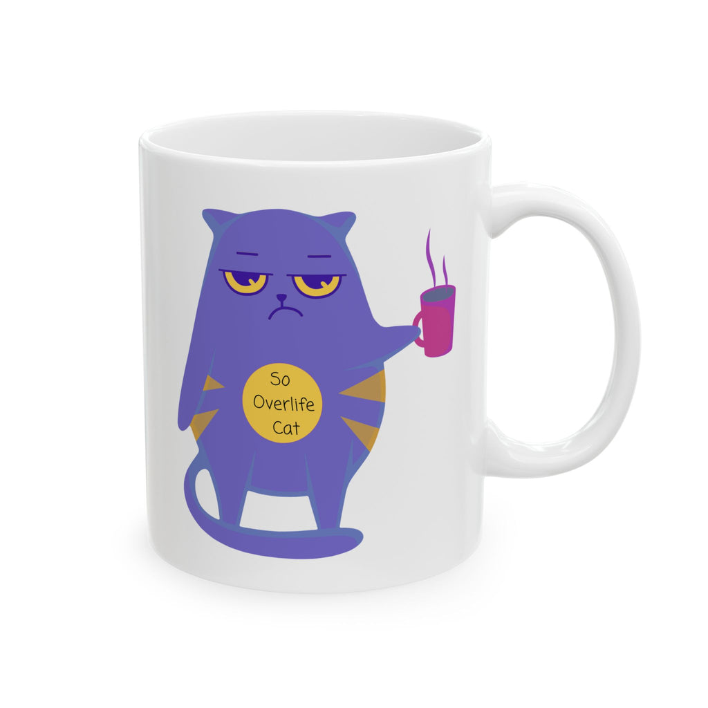 So OverLife Cat On A White Ceramic Mug 11oz & 15oz, Cute Kawaii Cat Holding Mug Cup